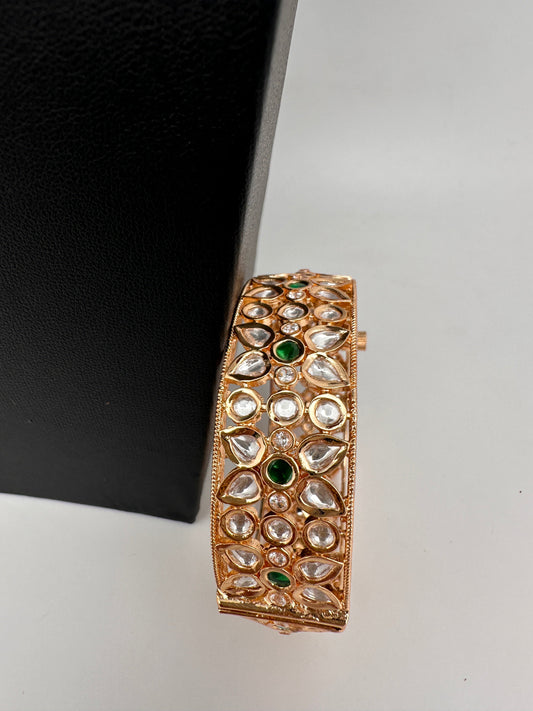 Kundan Floral Green Openable Kada Single Bangle