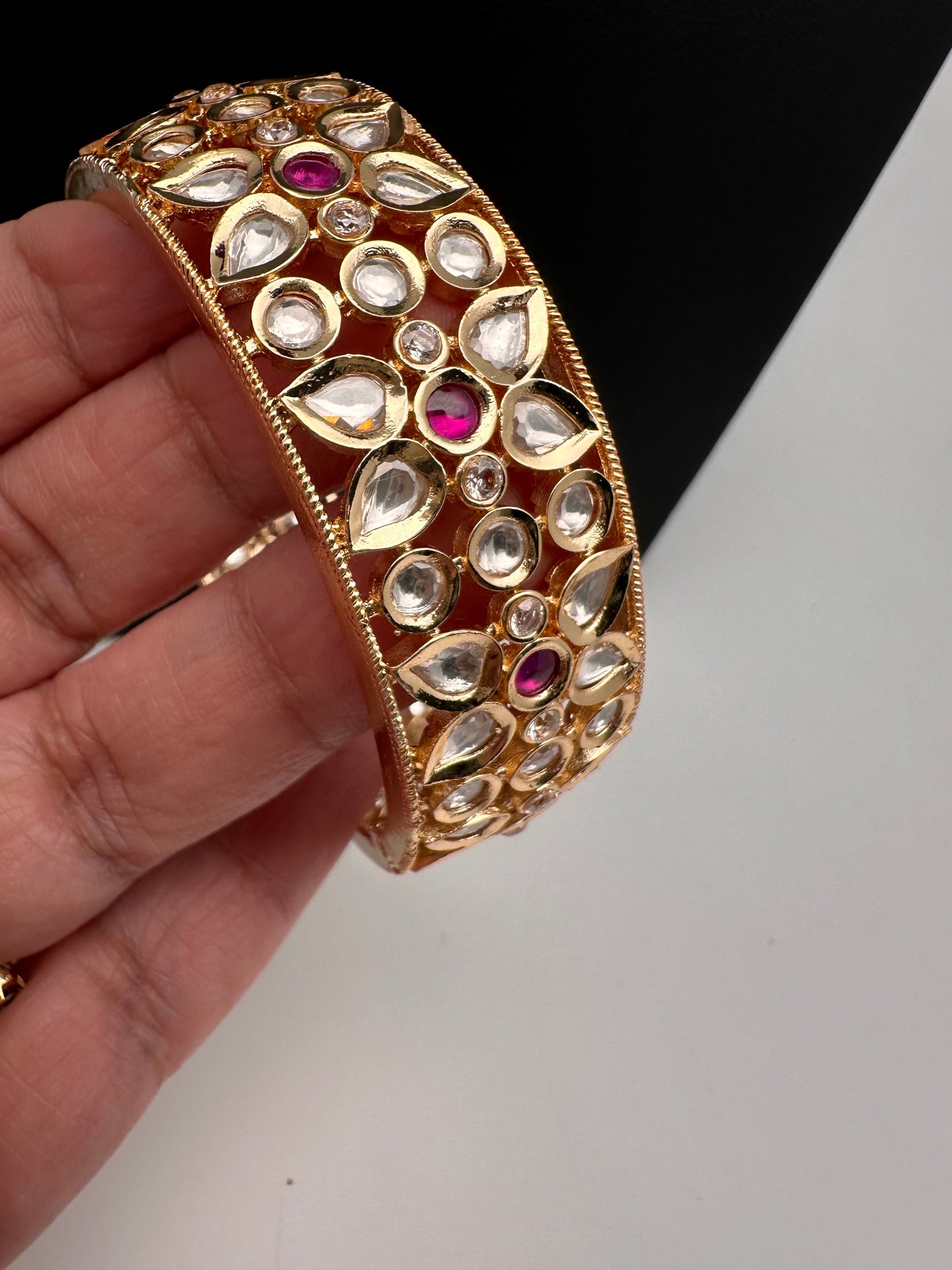 Kundan Floral Red Openable Kada Single Bangle