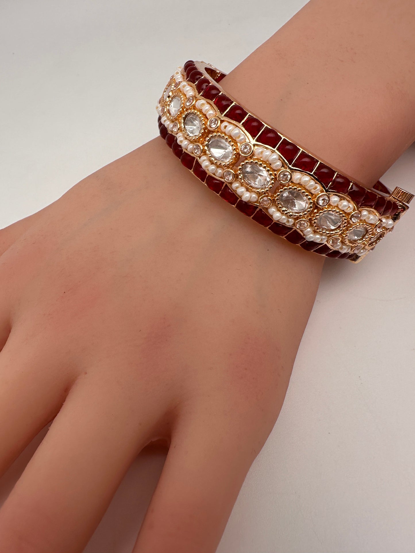 Kundan Red Beads Pearls Openable Kada Bangles