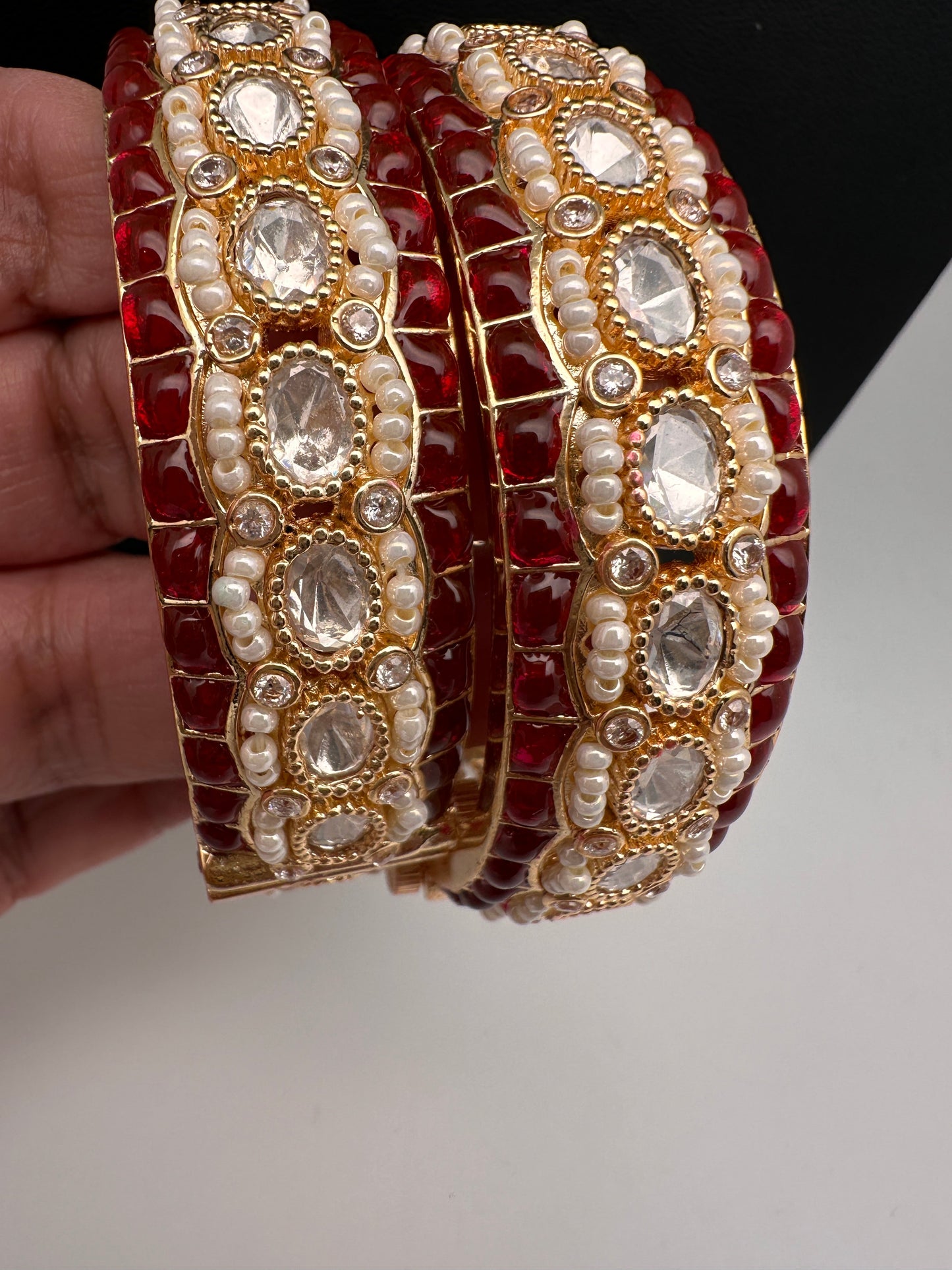 Kundan Red Beads Pearls Openable Kada Bangles