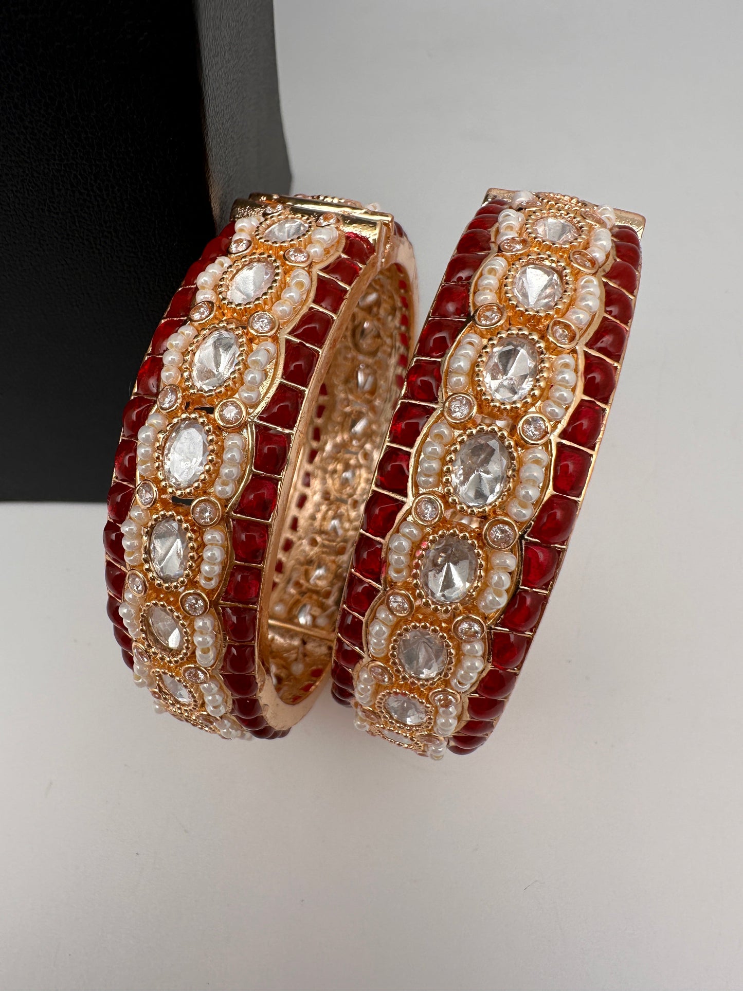 Kundan Red Beads Pearls Openable Kada Bangles