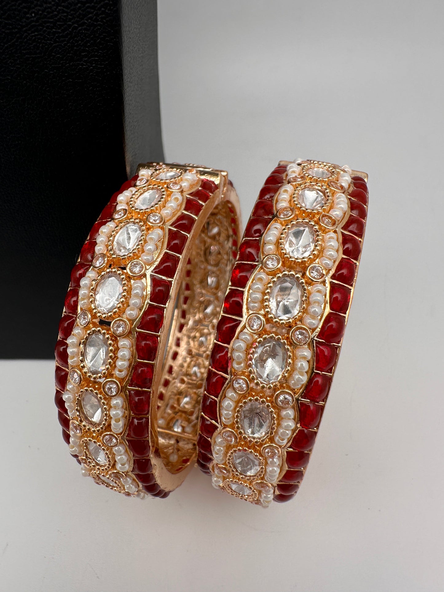 Kundan Red Beads Pearls Openable Kada Bangles