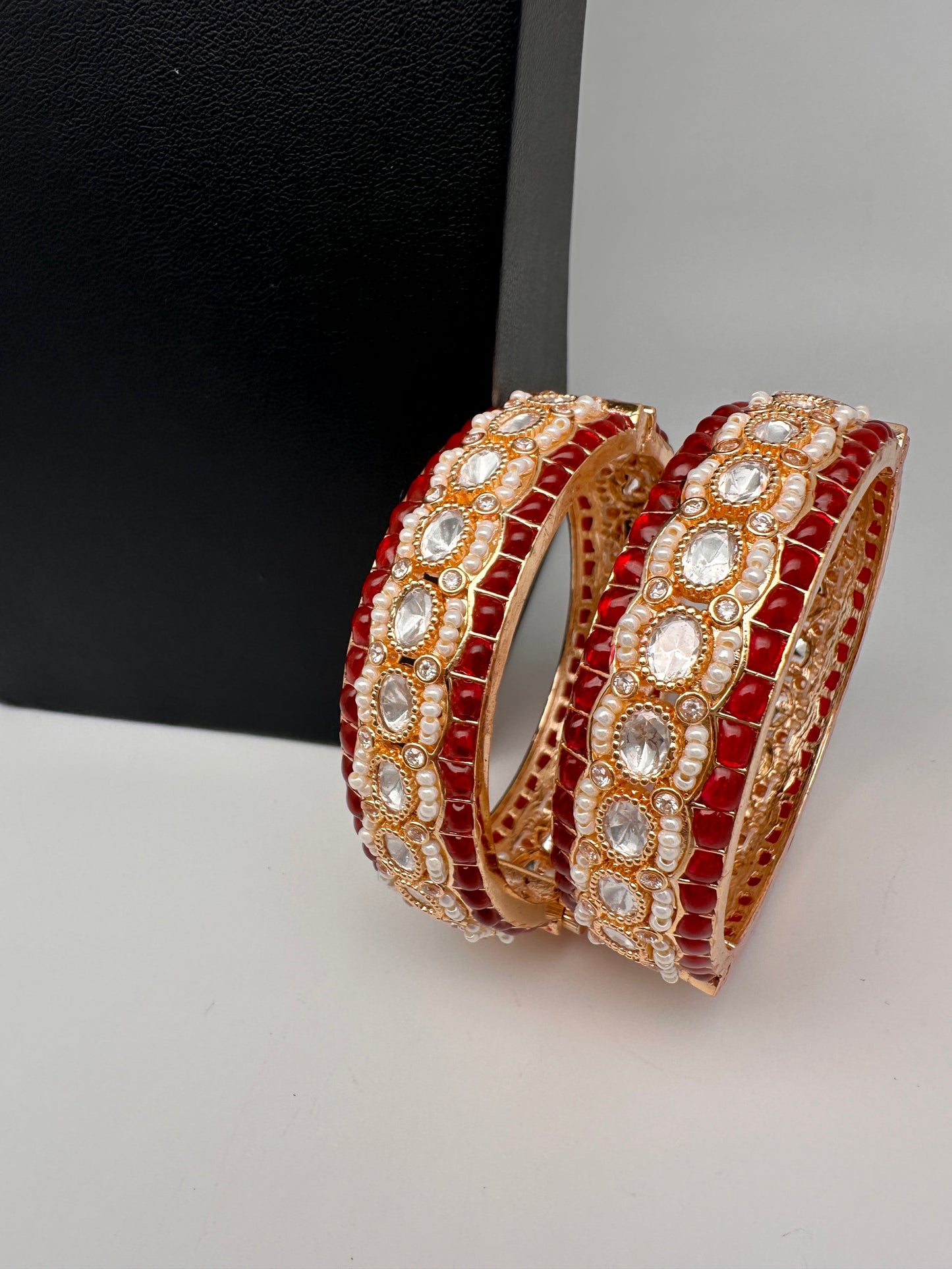 Kundan Red Beads Pearls Openable Kada Bangles