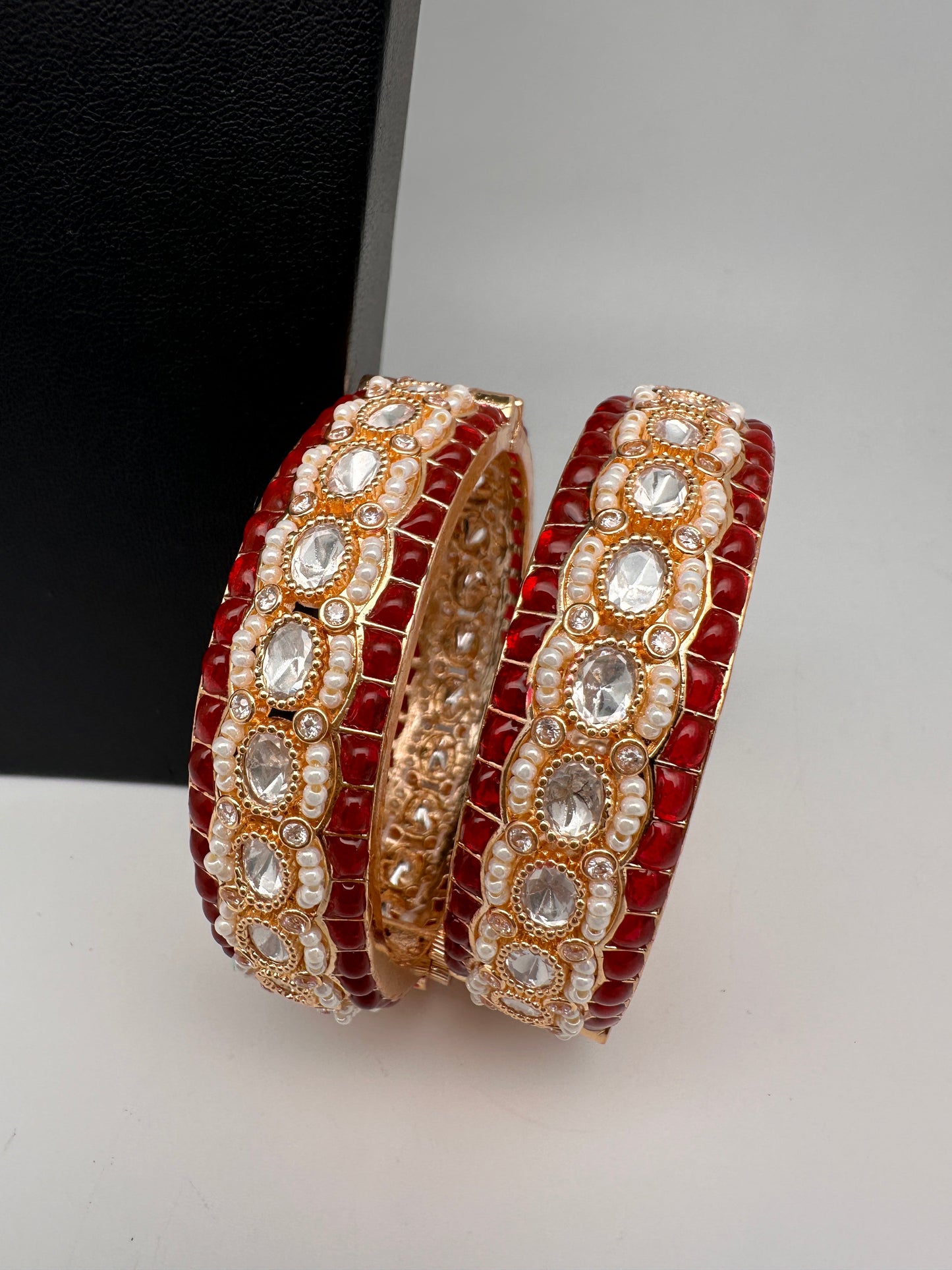 Kundan Red Beads Pearls Openable Kada Bangles