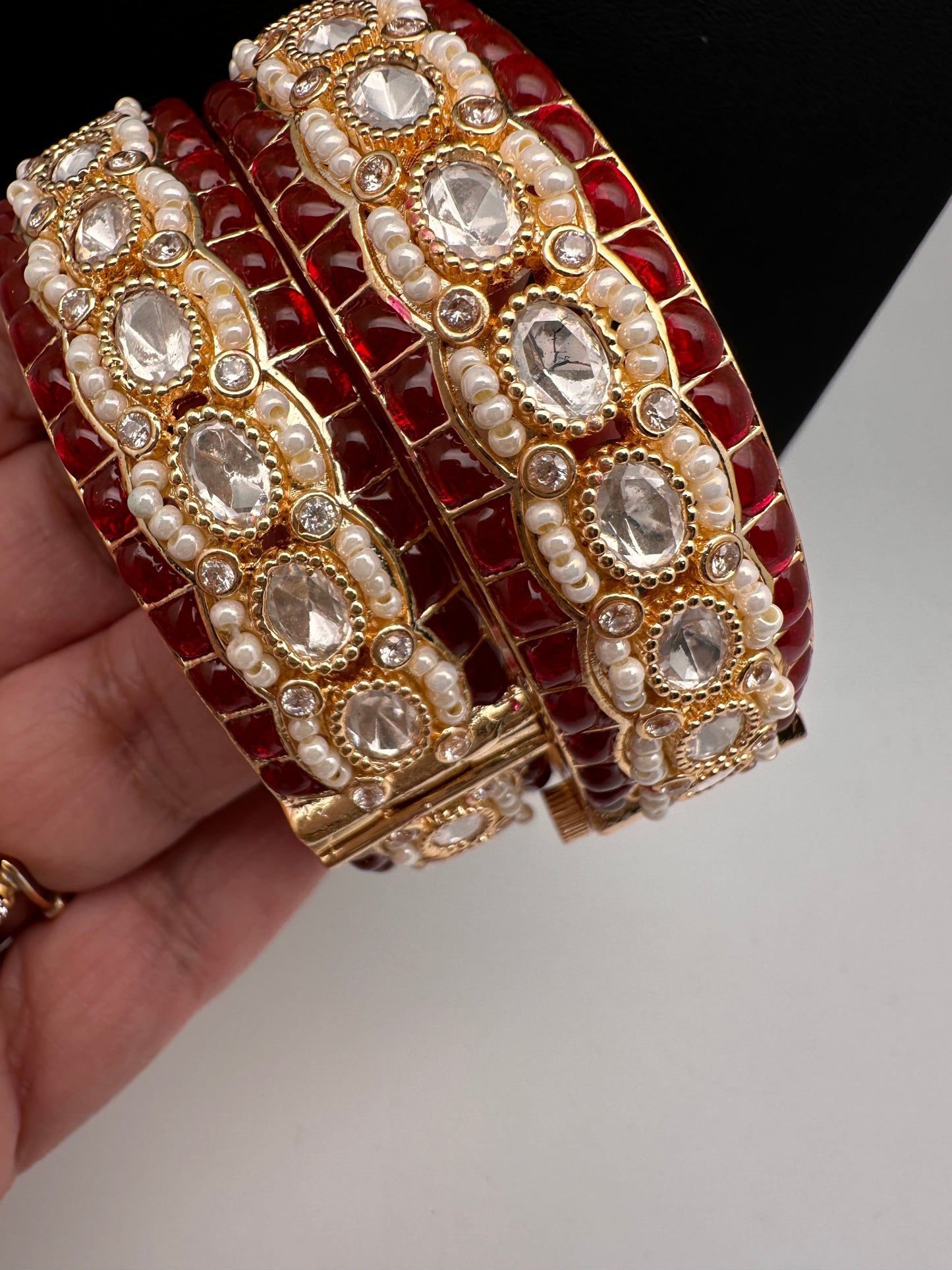 Kundan Red Beads Pearls Openable Kada Bangles