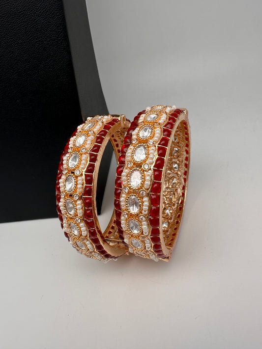 Kundan Red Beads Pearls Openable Kada Bangles