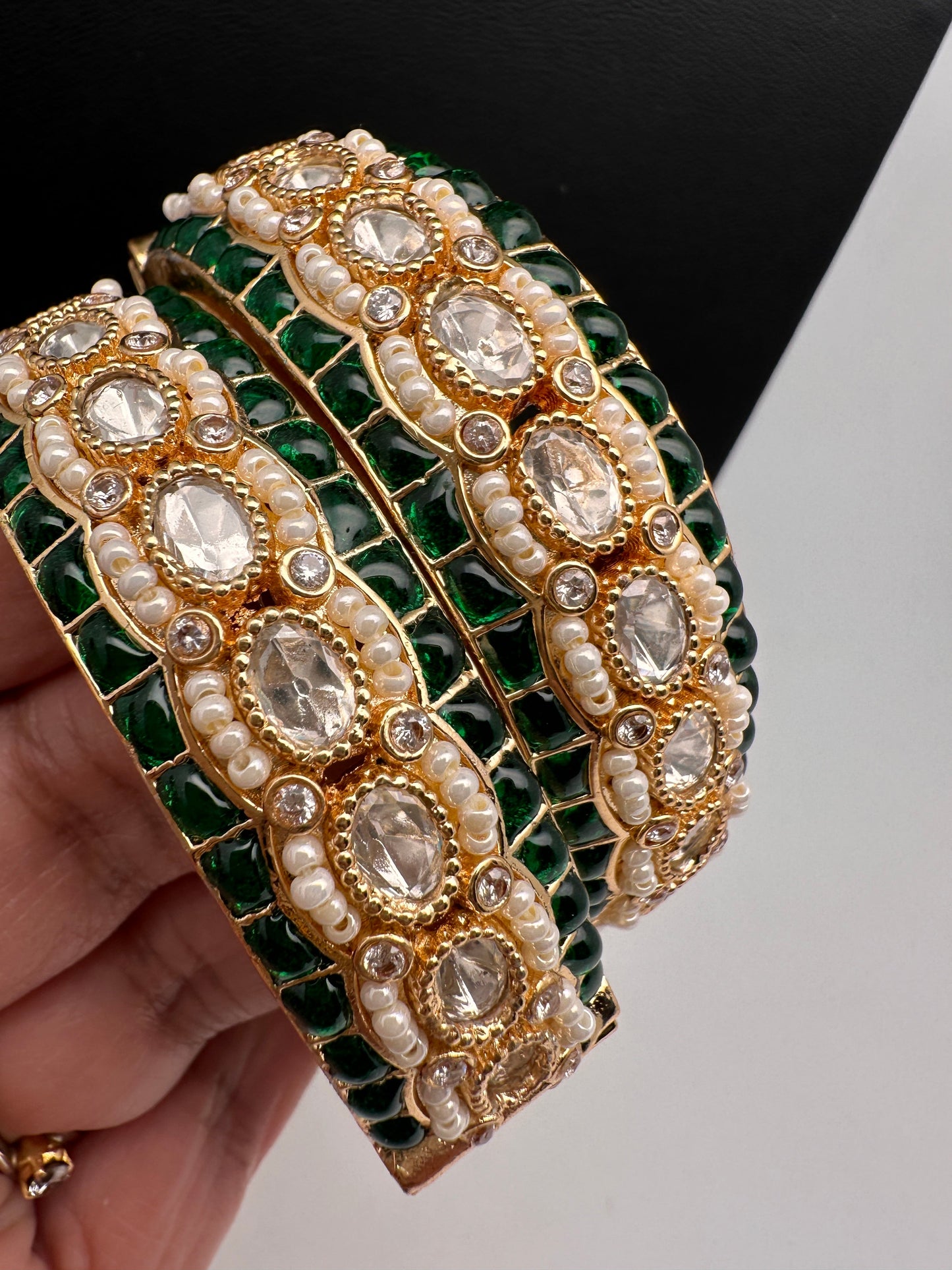 Kundan Green Beads Pearls Openable Kada Bangles