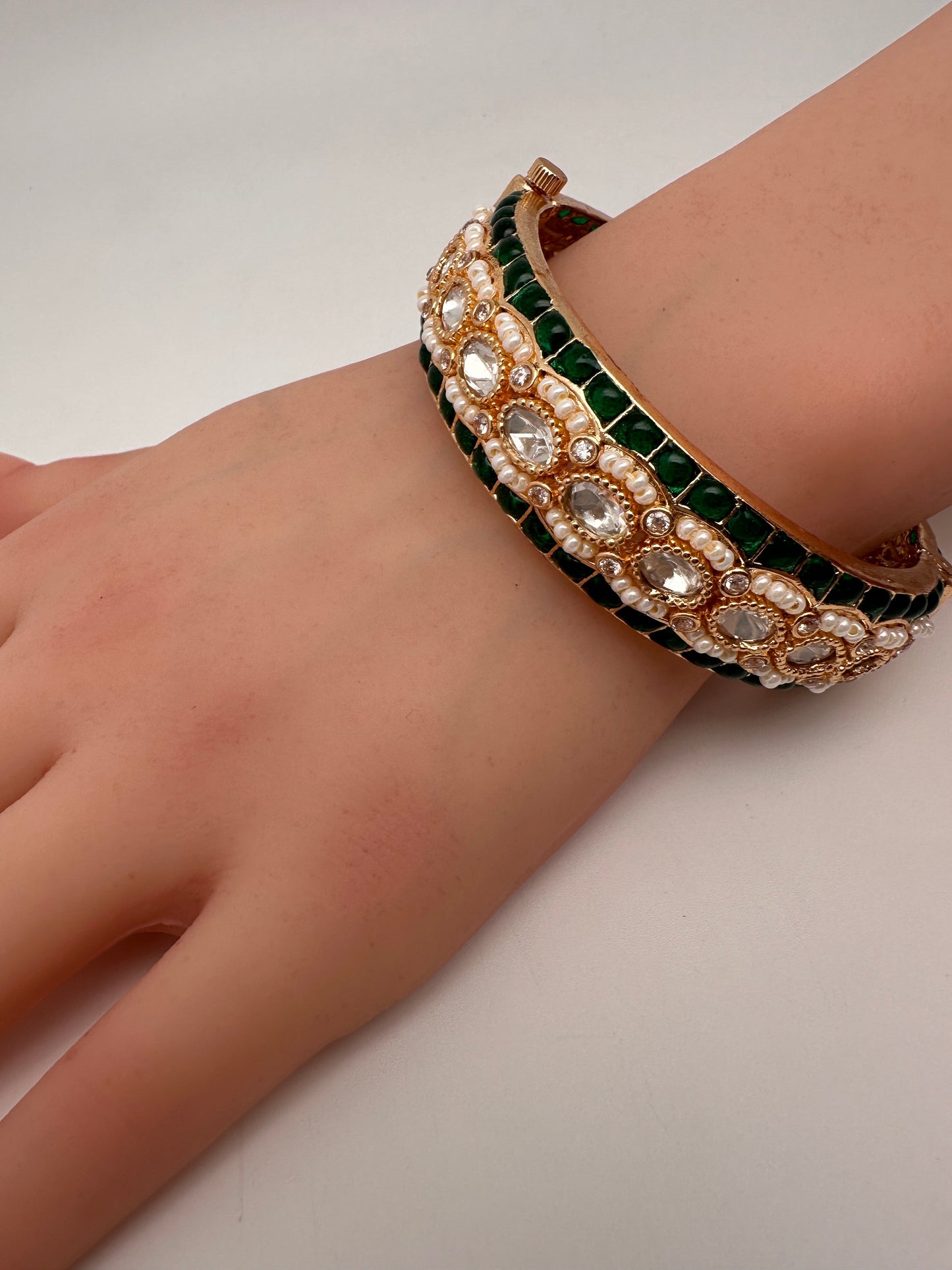Kundan Green Beads Pearls Openable Kada Bangles