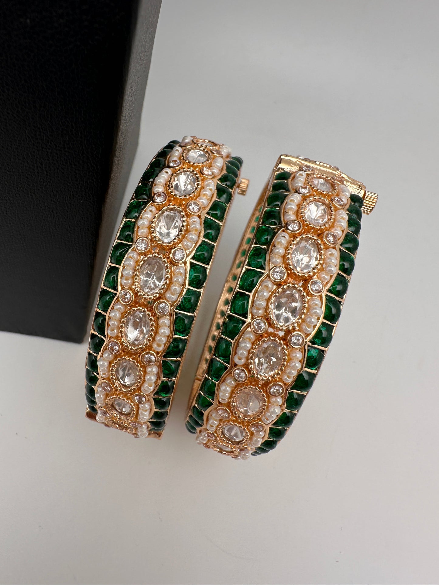 Kundan Green Beads Pearls Openable Kada Bangles