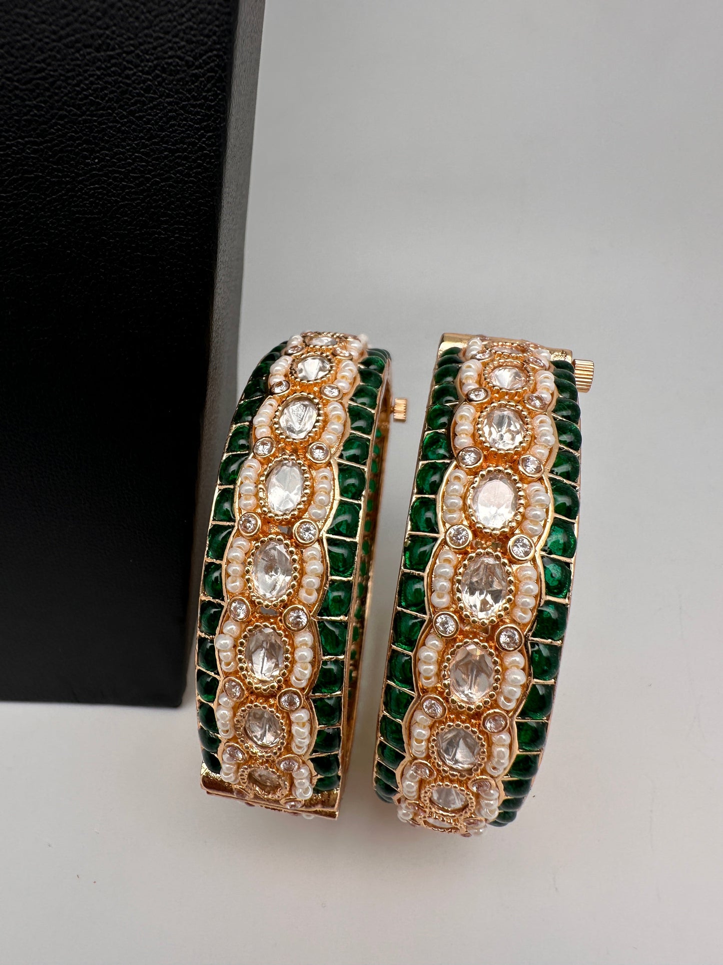 Kundan Green Beads Pearls Openable Kada Bangles