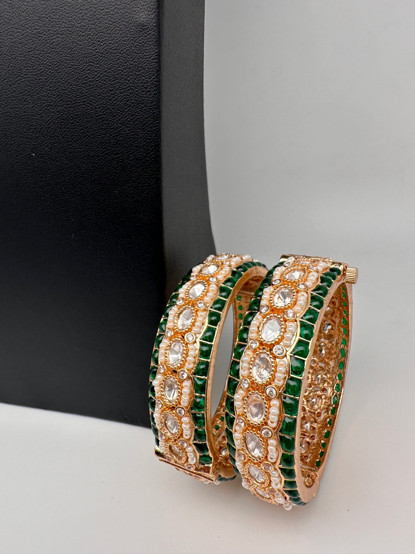 Kundan Green Beads Pearls Openable Kada Bangles