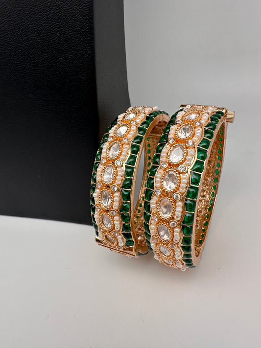 Kundan Green Beads Pearls Openable Kada Bangles