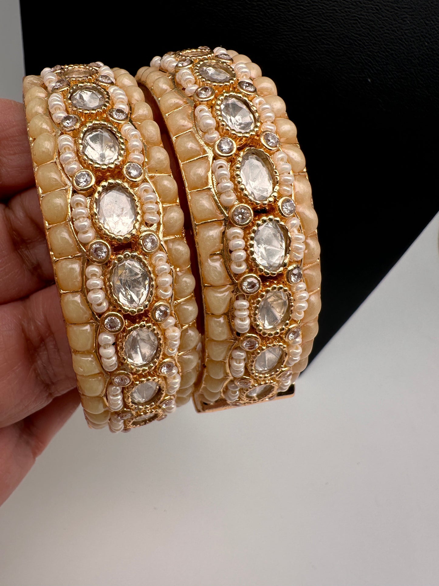 Kundan Ivory Beads Pearls Openable Kada Bangles