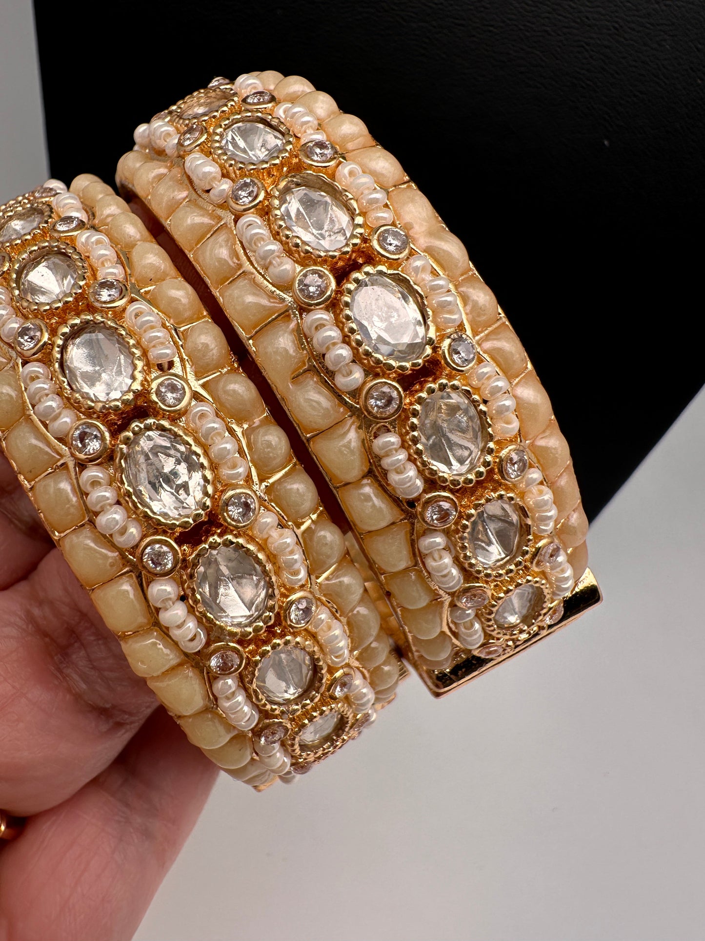 Kundan Ivory Beads Pearls Openable Kada Bangles