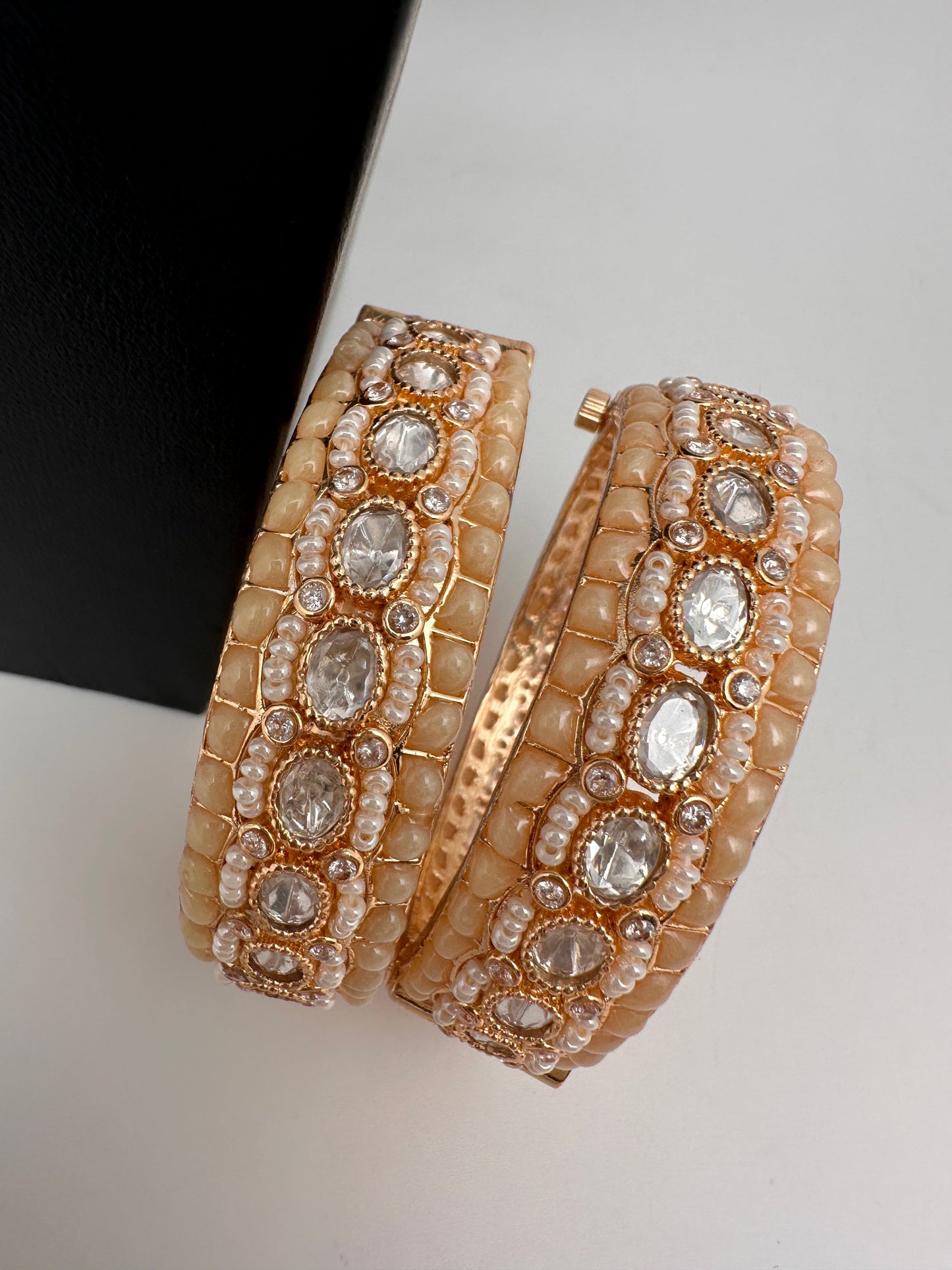 Kundan Ivory Beads Pearls Openable Kada Bangles