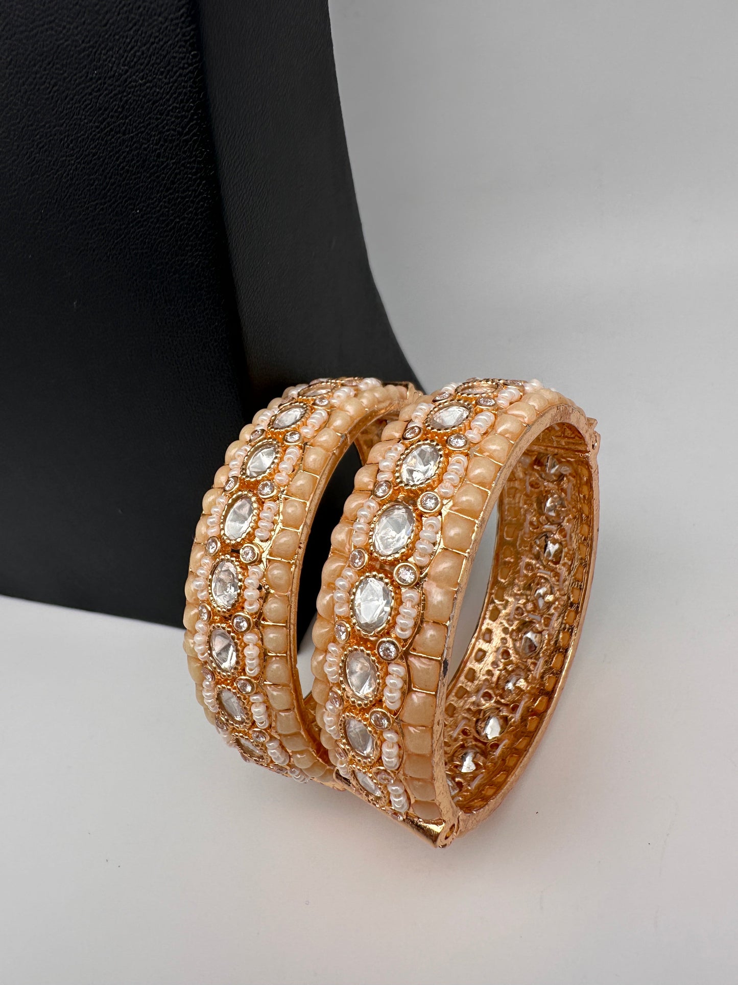 Kundan Ivory Beads Pearls Openable Kada Bangles