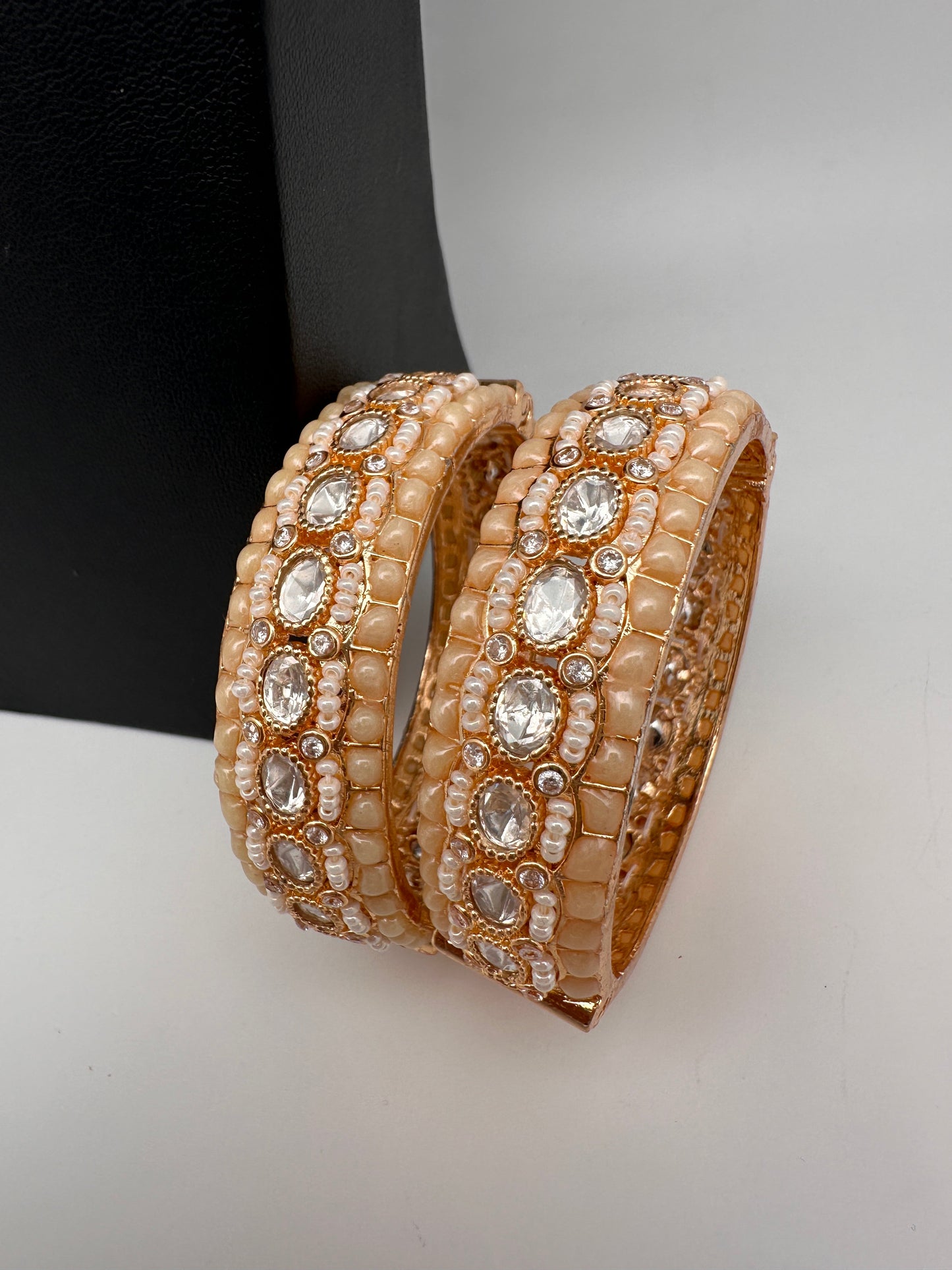 Kundan Ivory Beads Pearls Openable Kada Bangles