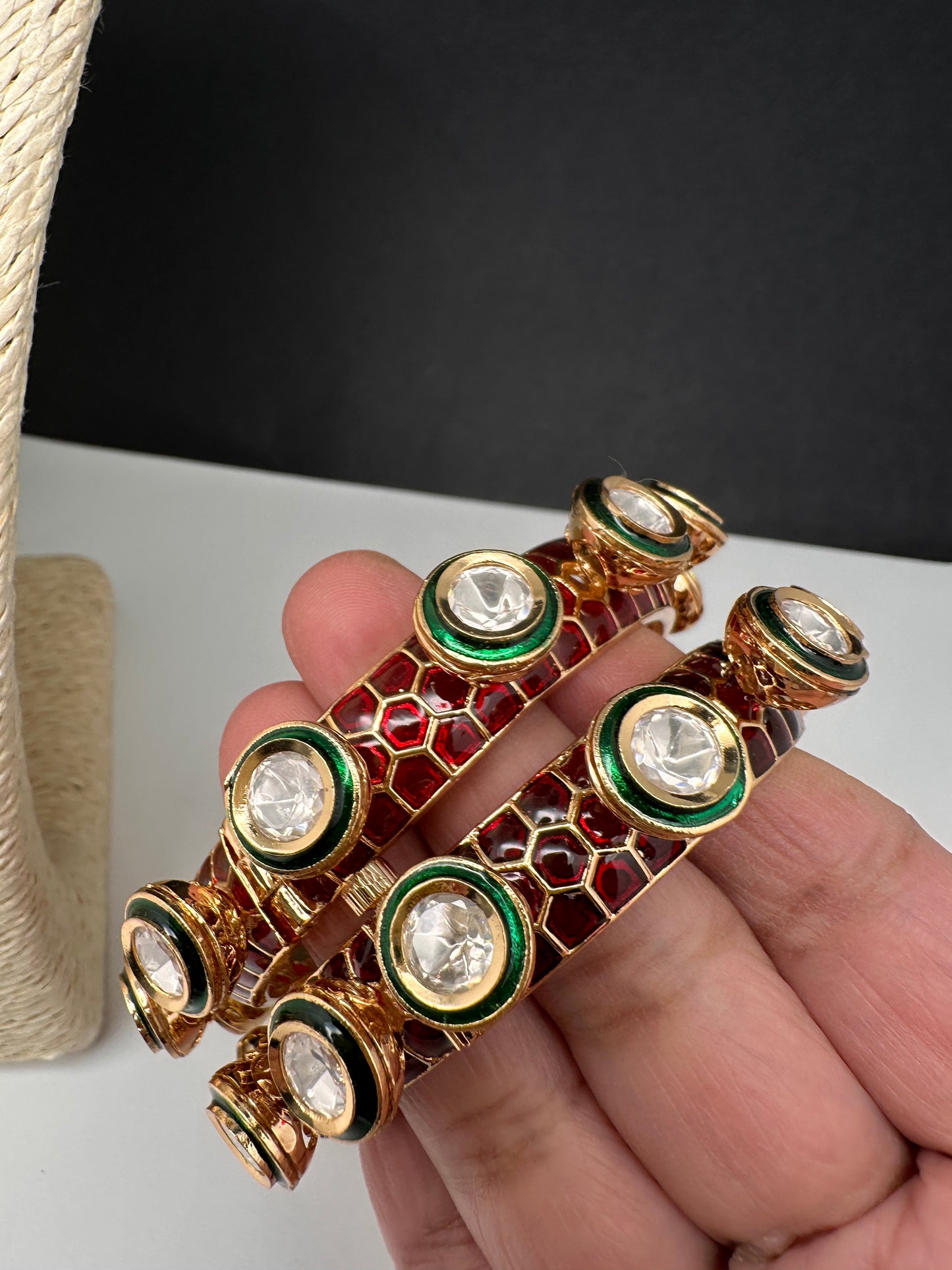 Kundan Red Green Openable Kada Bangles