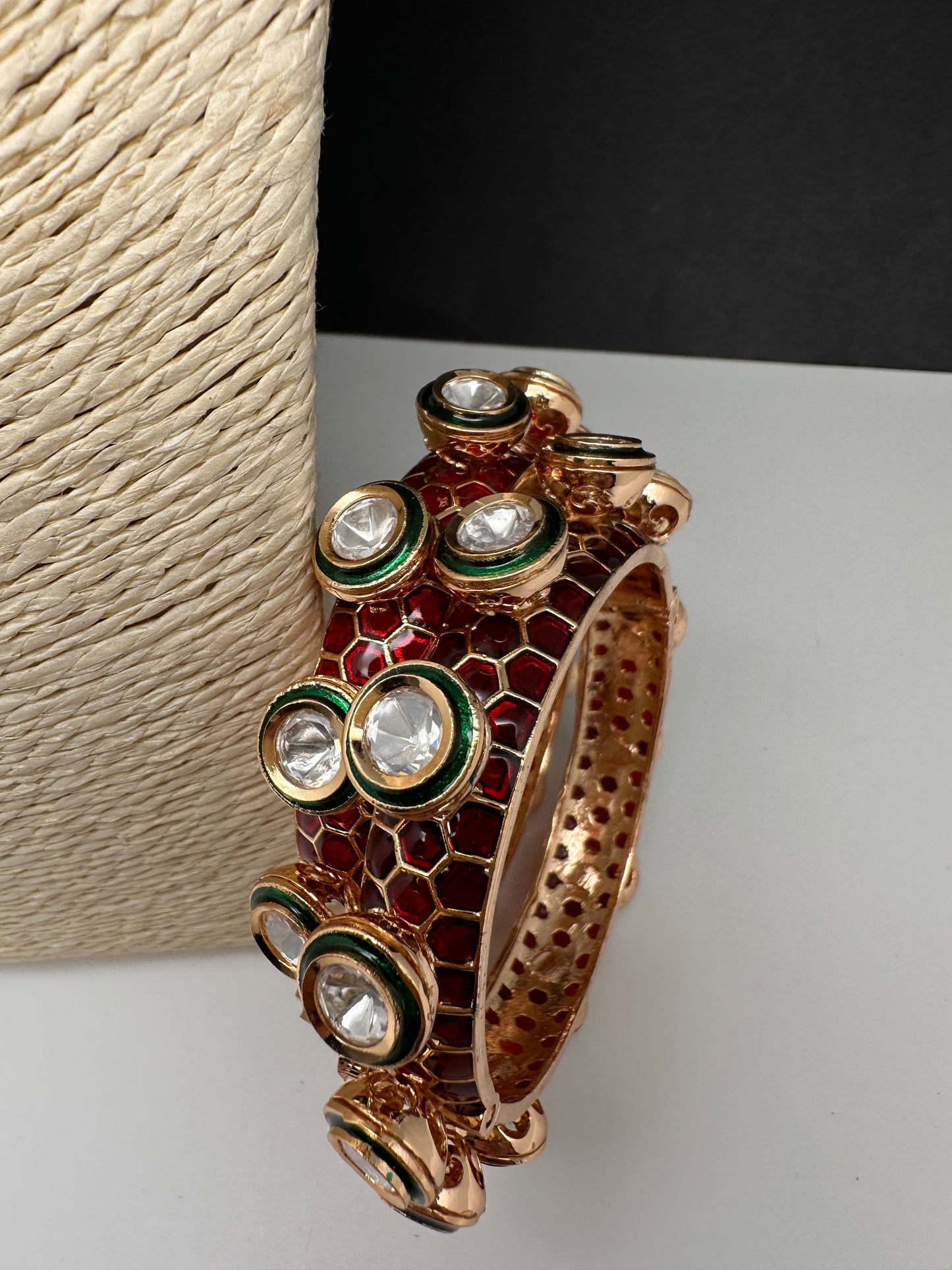 Kundan Red Green Openable Kada Bangles