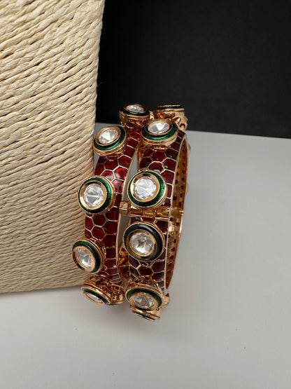 Kundan Red Green Openable Kada Bangles