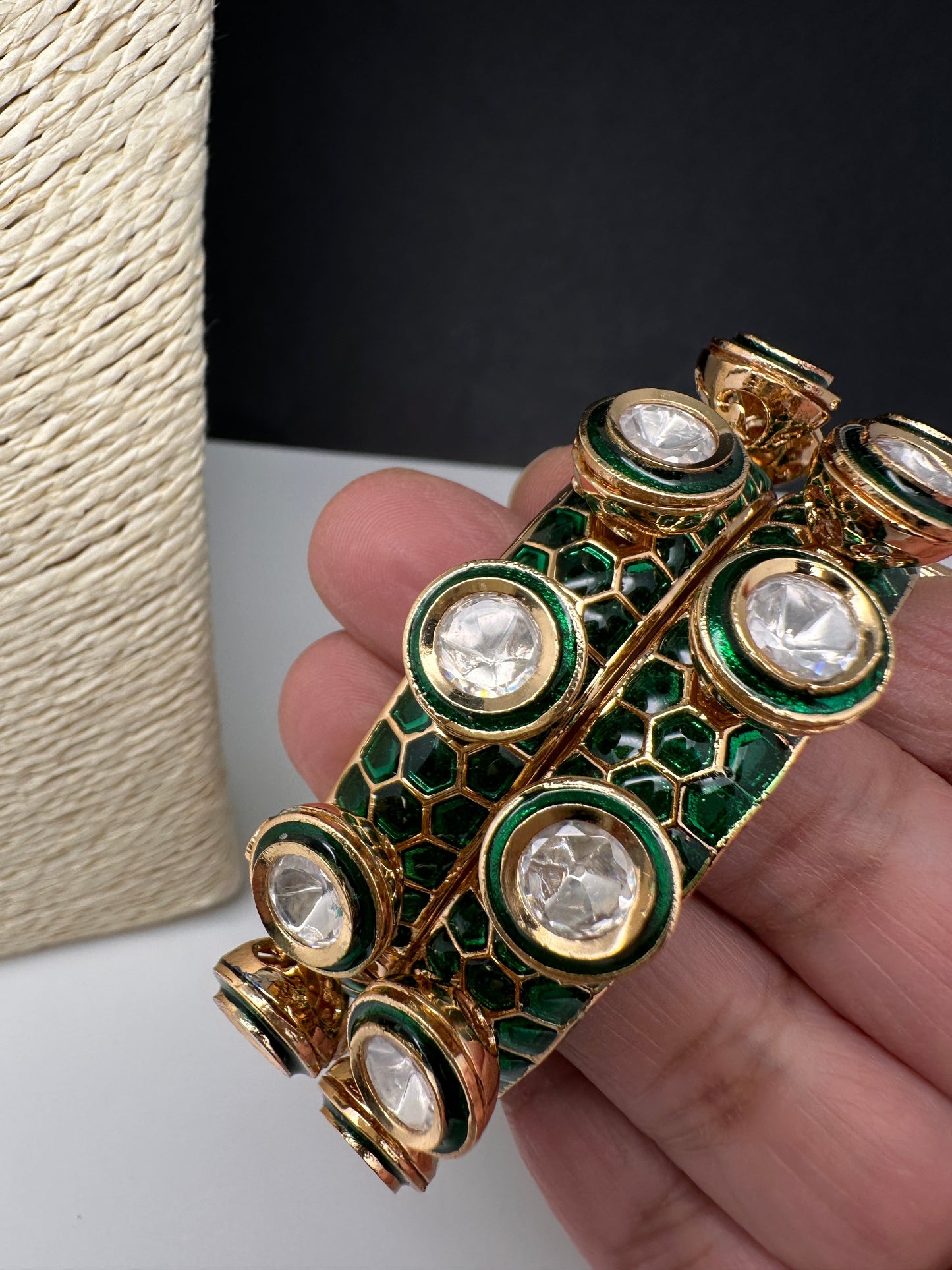 Kundan Green Openable Kada Bangles