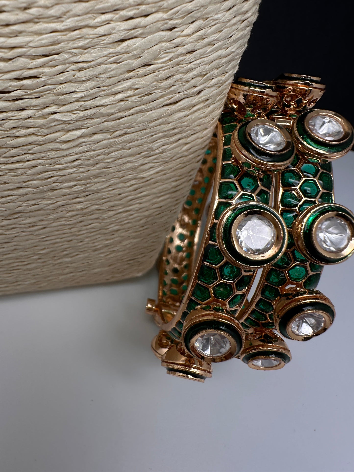 Kundan Green Openable Kada Bangles