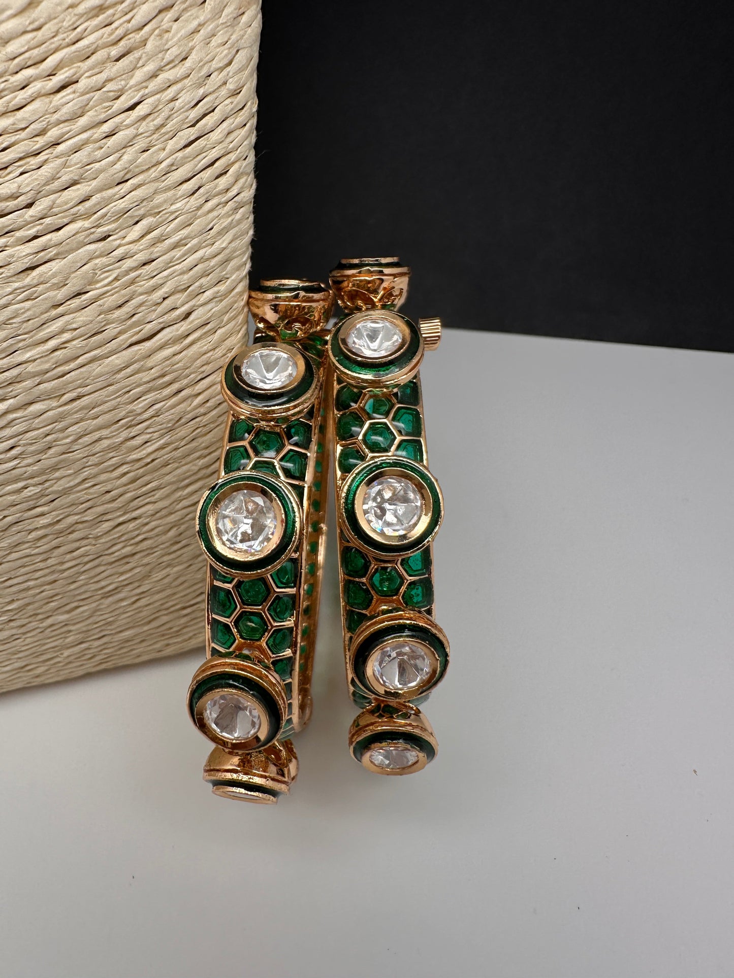 Kundan Green Openable Kada Bangles