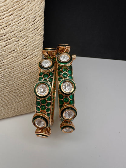 Kundan Green Openable Kada Bangles