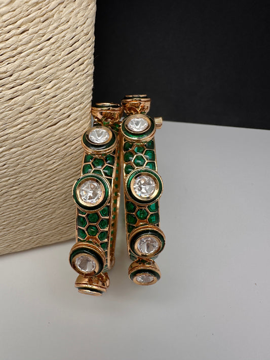 Kundan Green Openable Kada Bangles