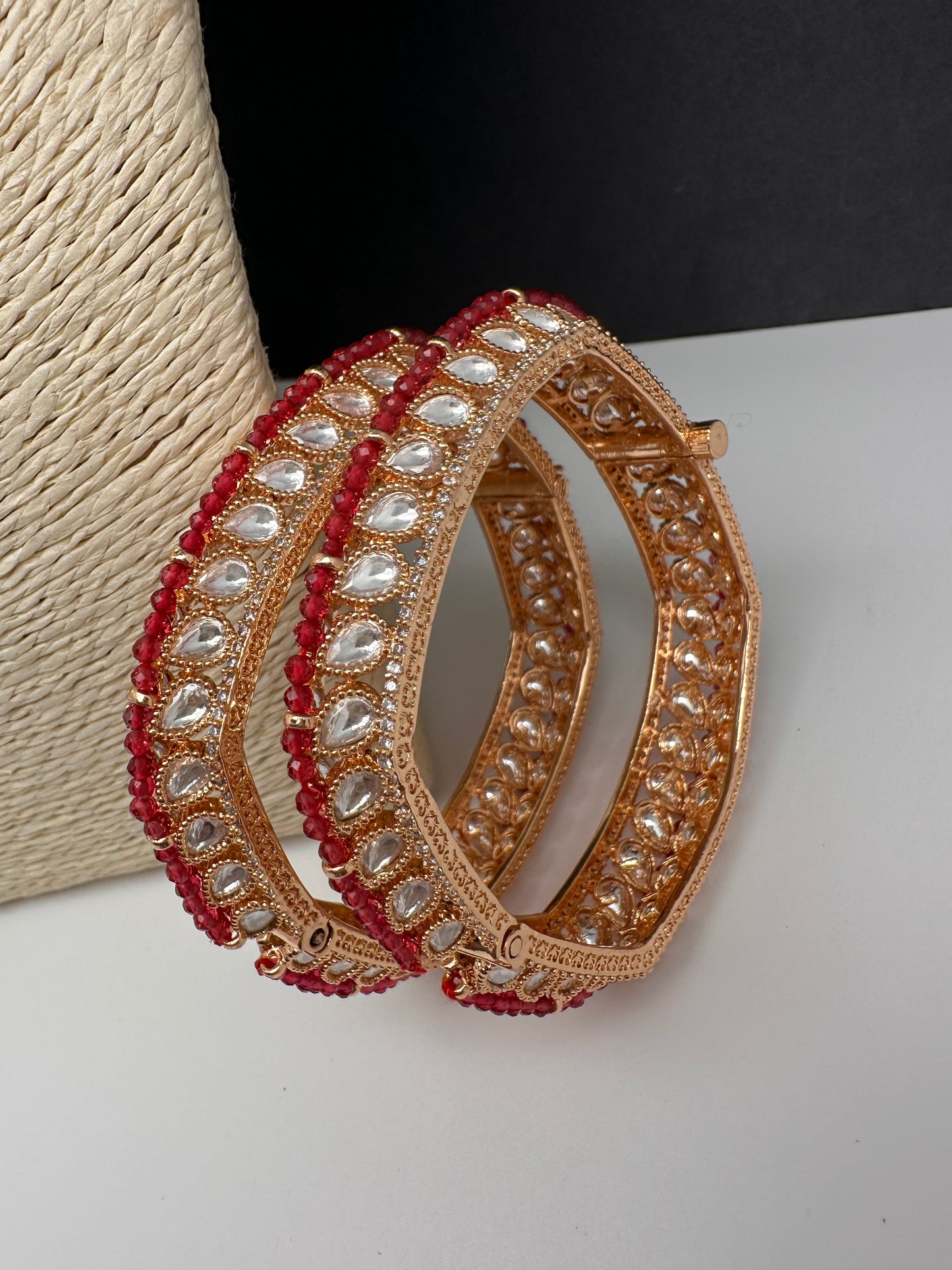 Kundan Red Beads Openable  Square Kada Bangles