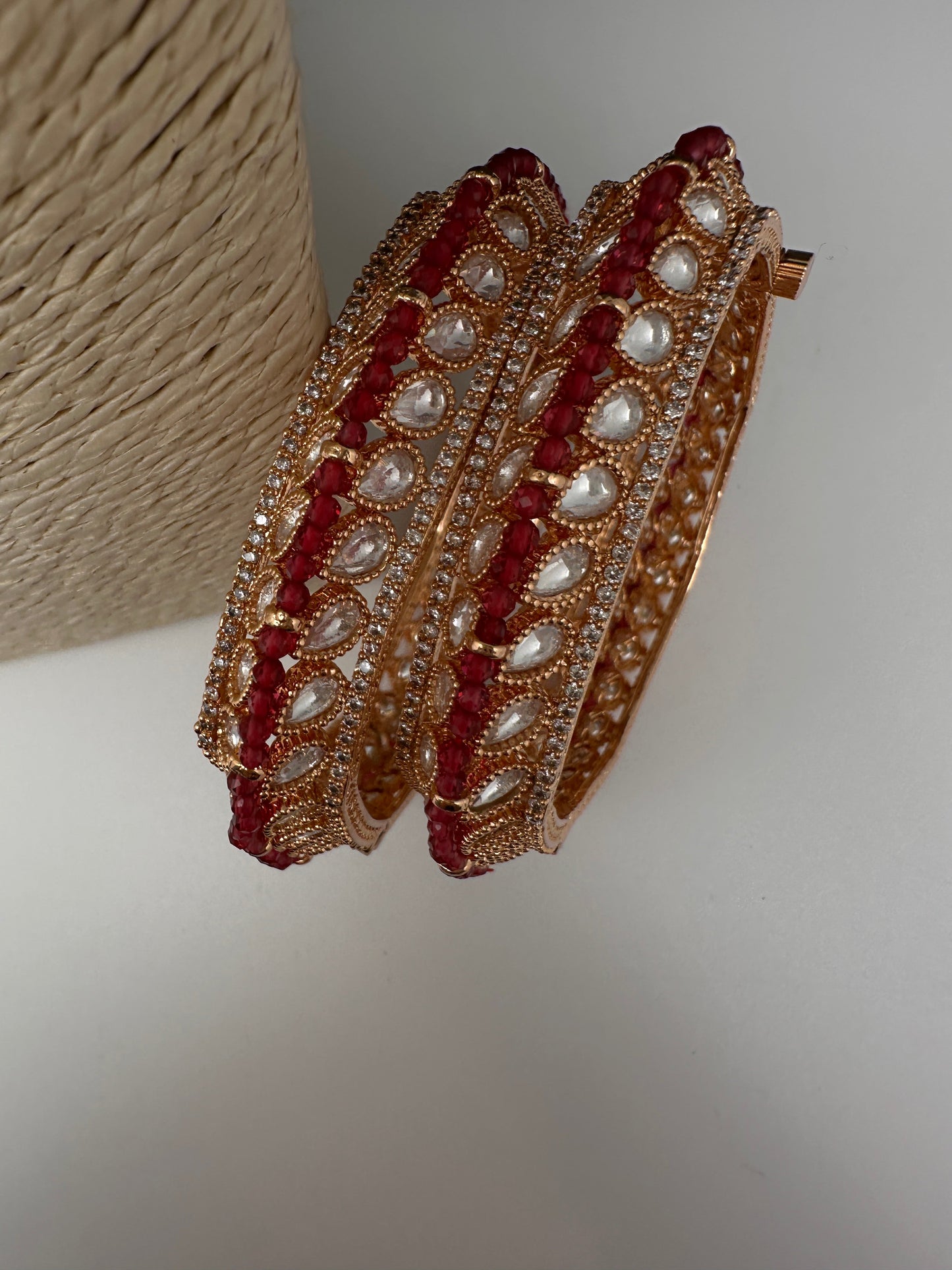 Kundan Red Beads Openable  Square Kada Bangles
