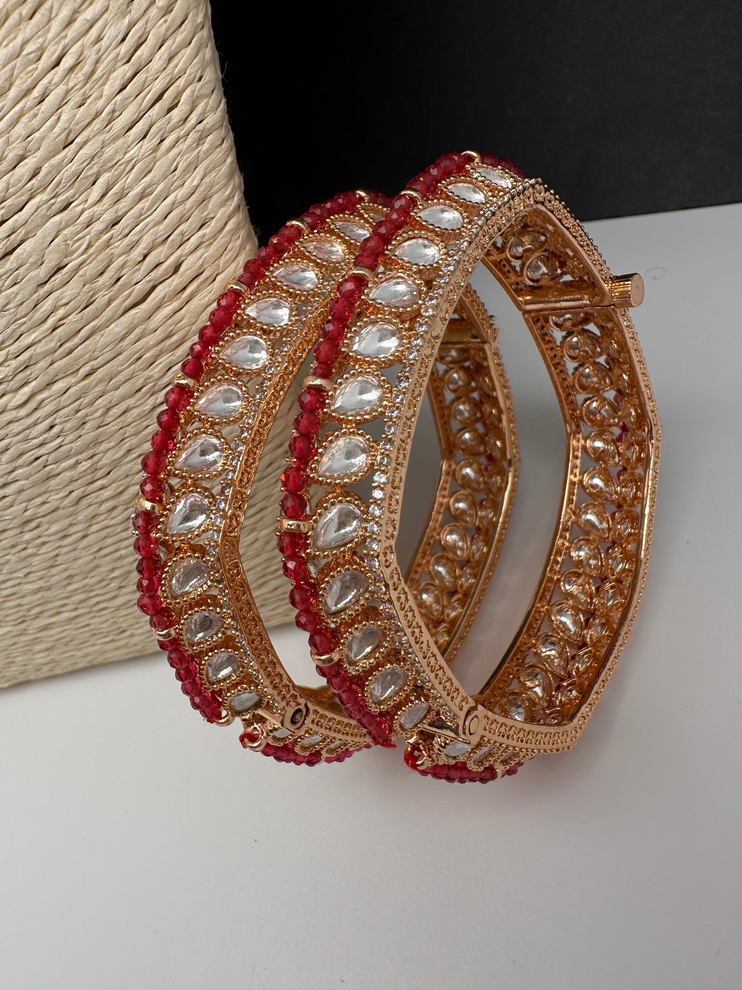 Kundan Red Beads Openable  Square Kada Bangles