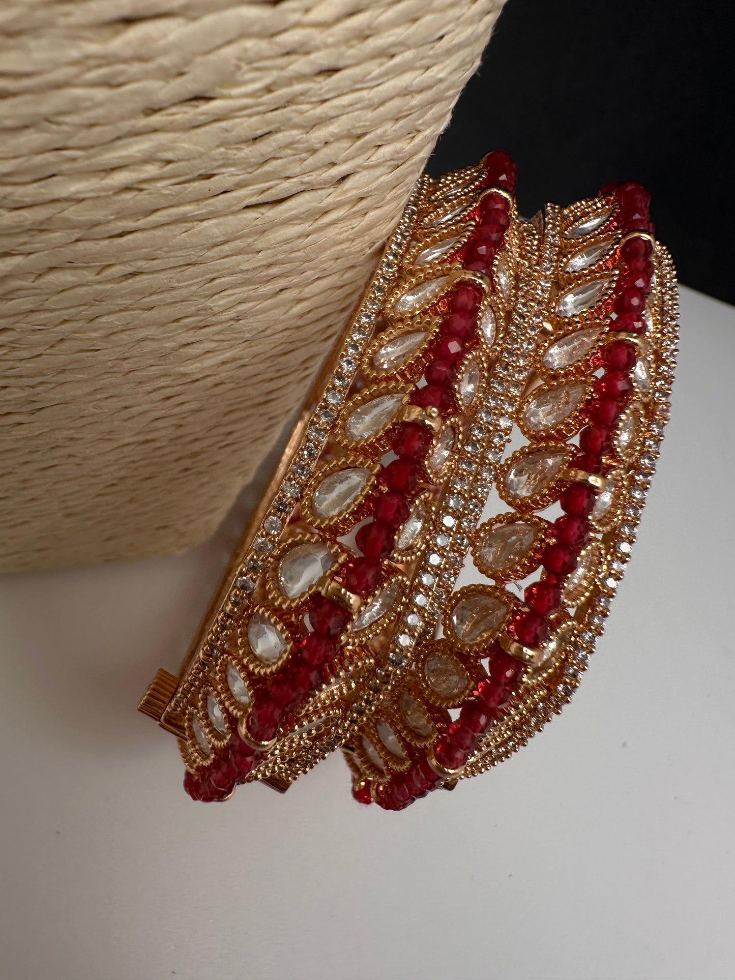 Kundan Red Beads Openable  Square Kada Bangles