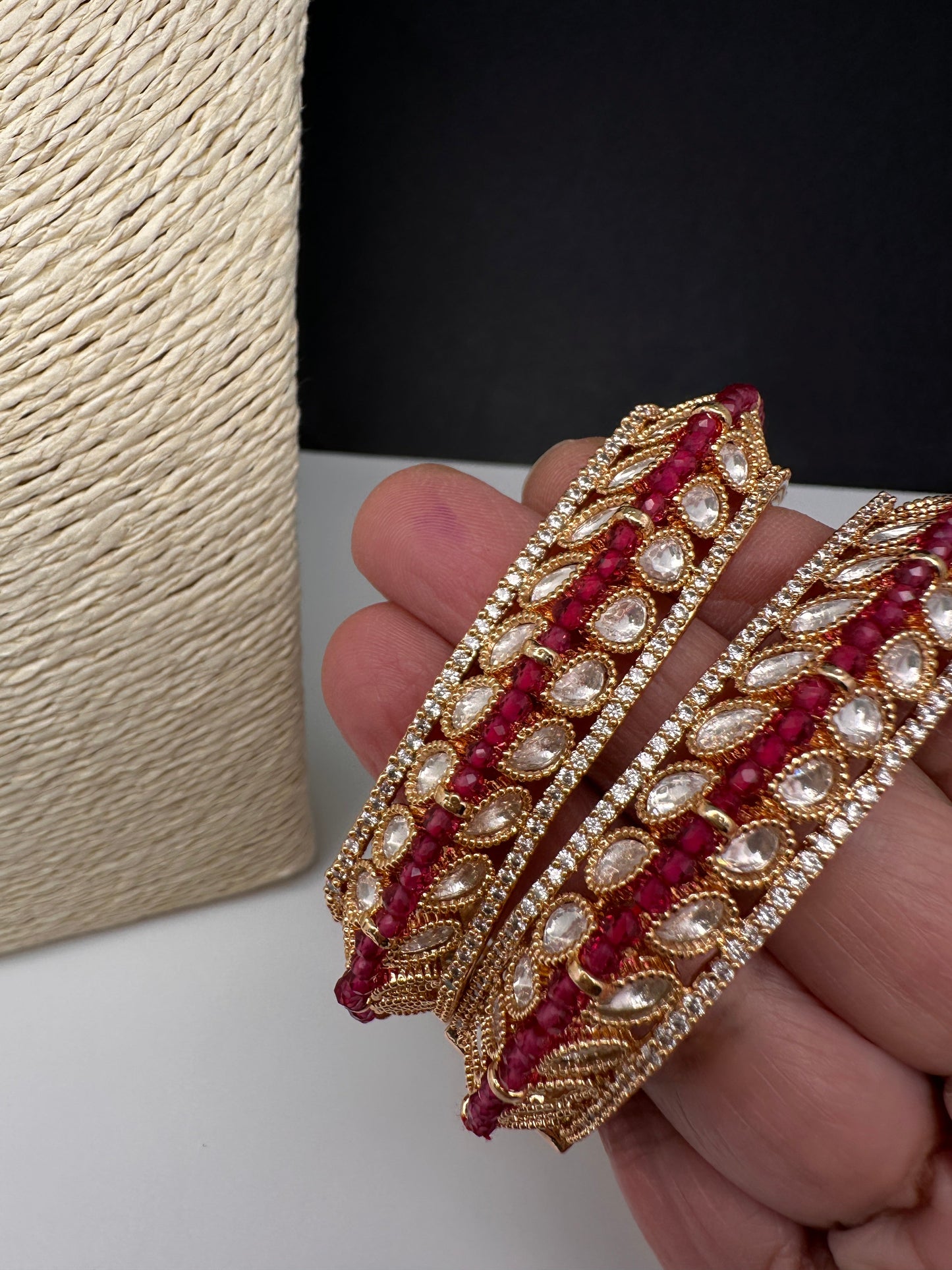 Kundan Red Beads Openable  Square Kada Bangles