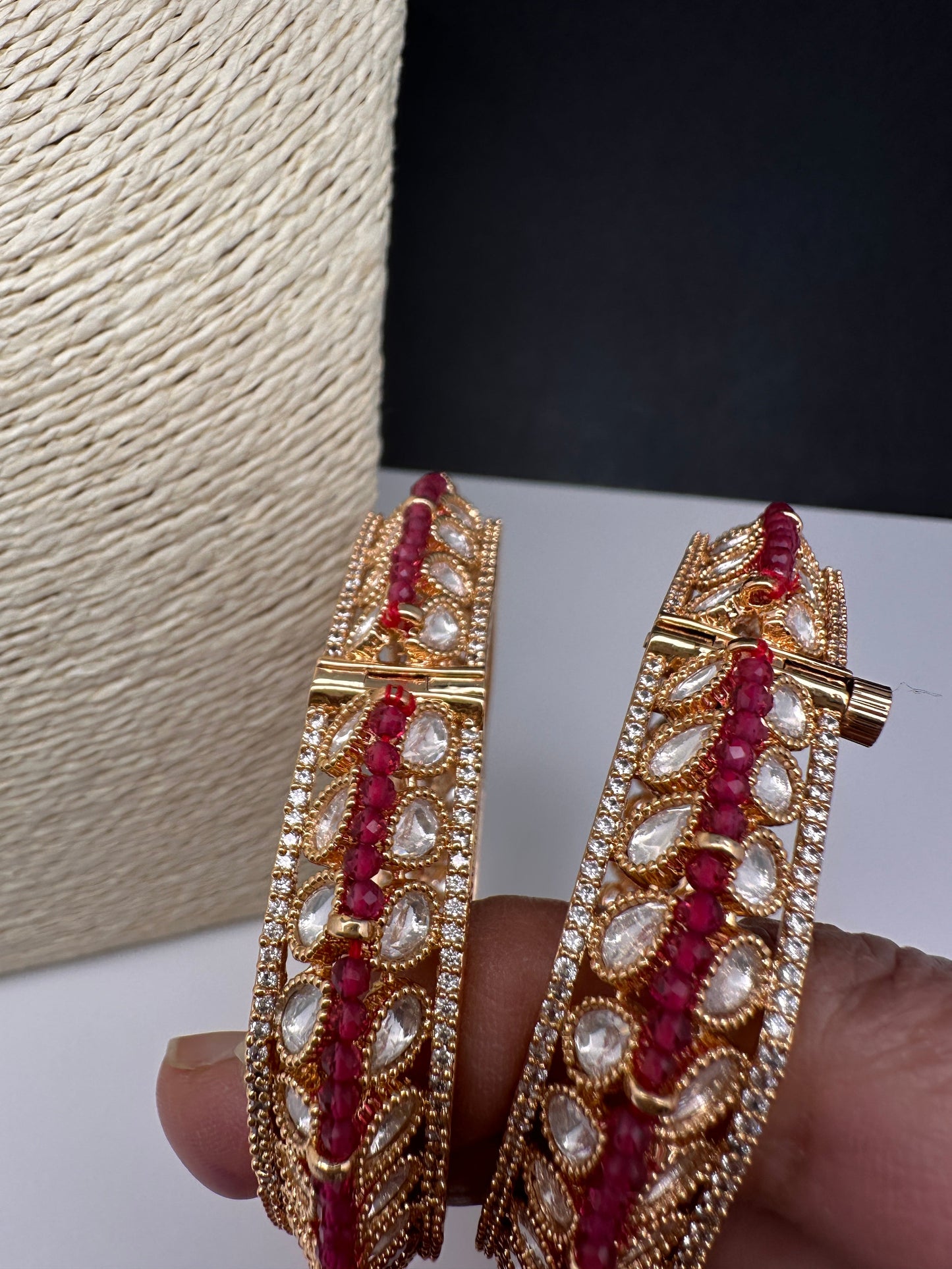 Kundan Red Beads Openable  Square Kada Bangles