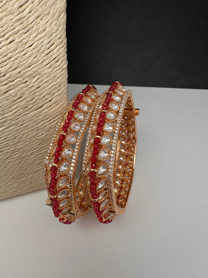 Kundan Red Beads Openable  Square Kada Bangles