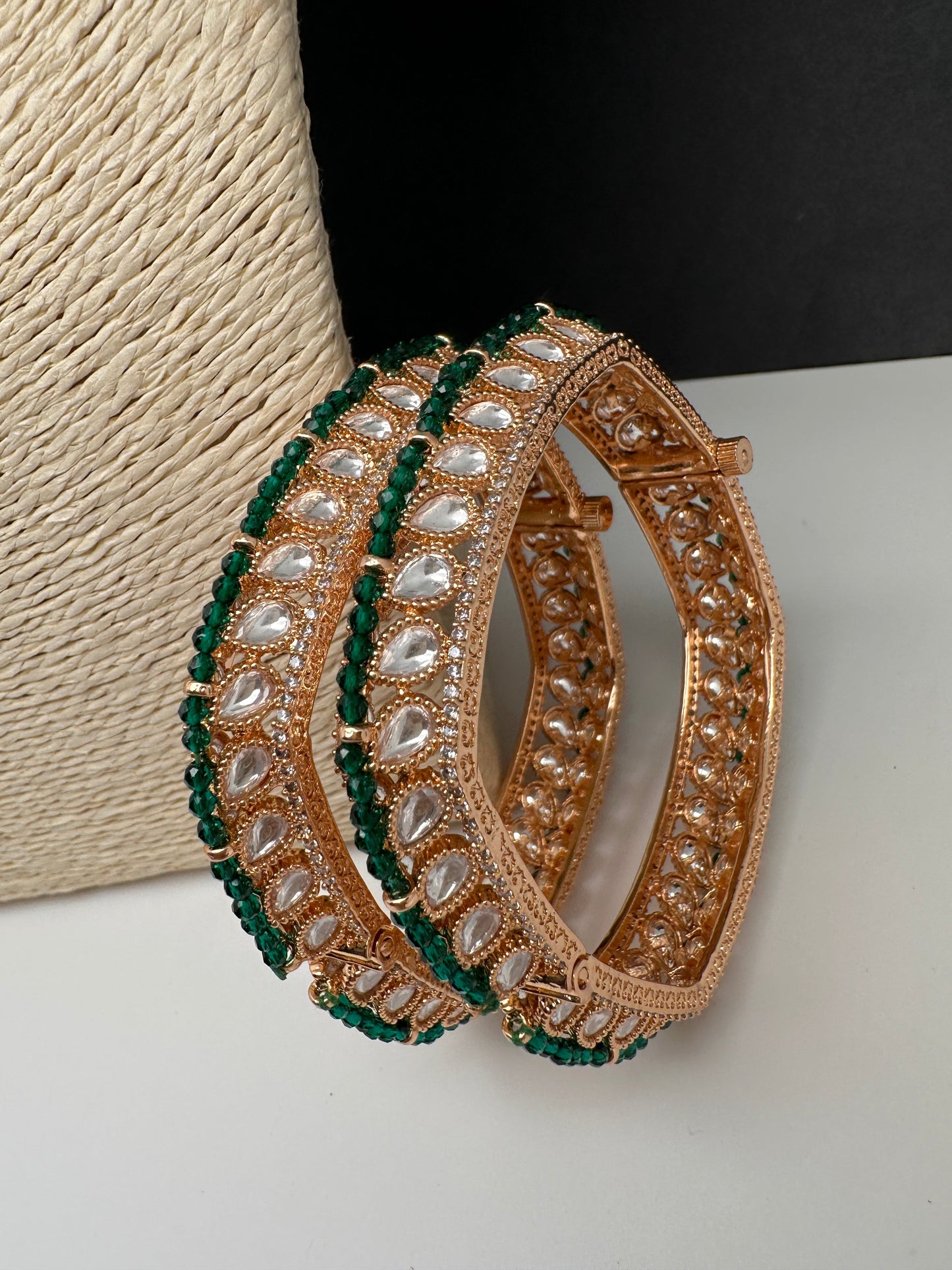 Kundan Green Beads Openable  Square Kada Bangles