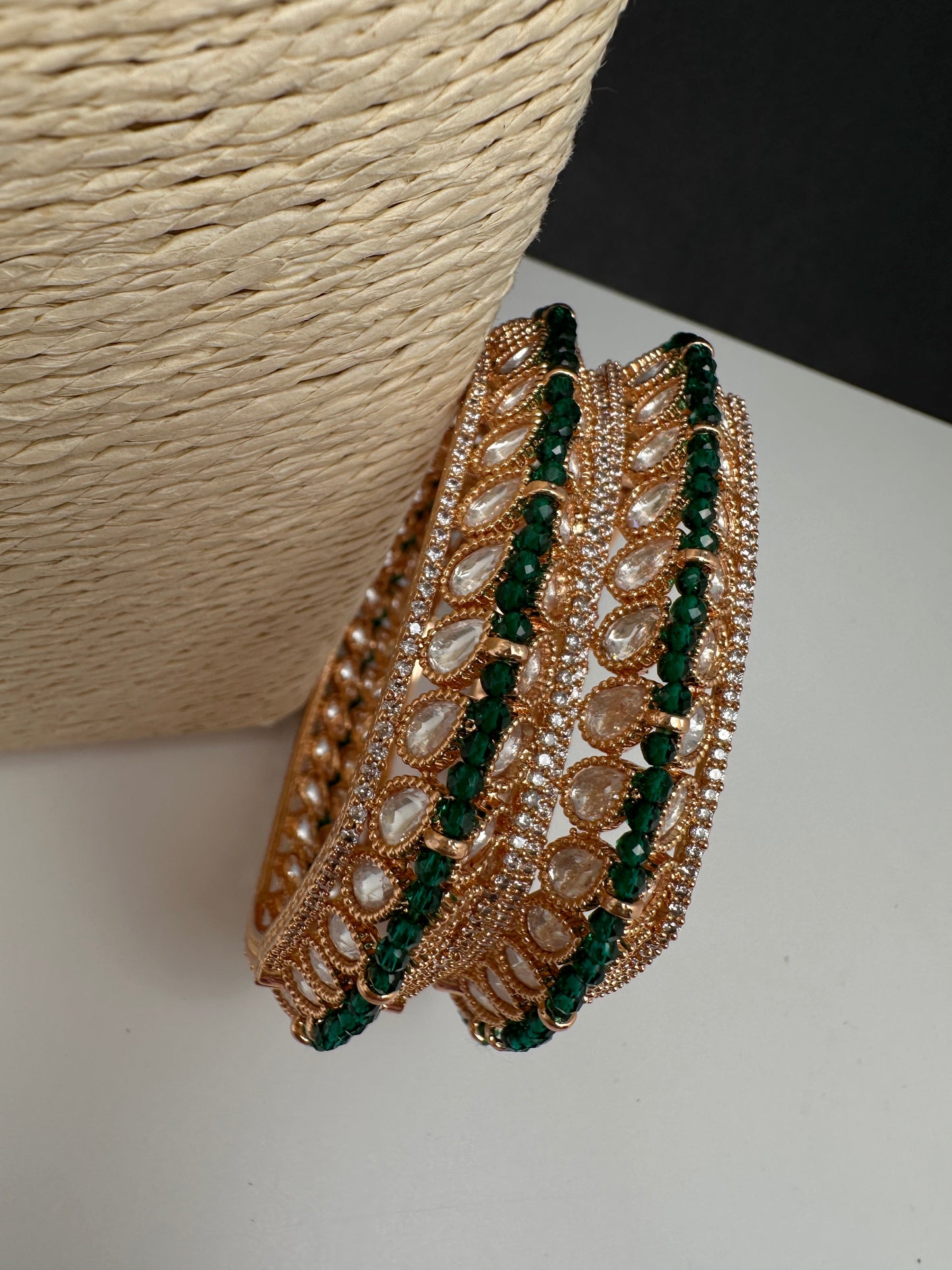 Kundan Green Beads Openable  Square Kada Bangles