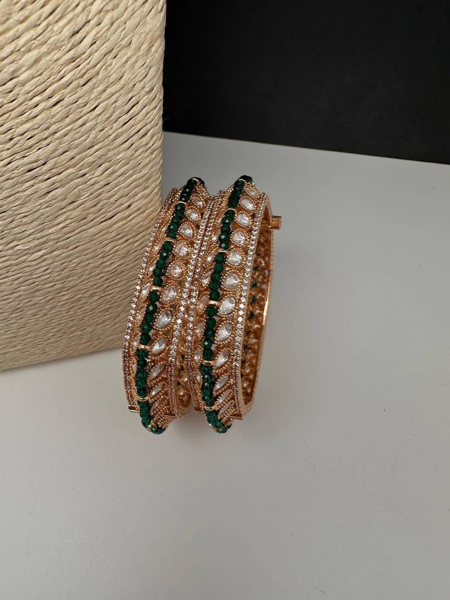 Kundan Green Beads Openable  Square Kada Bangles