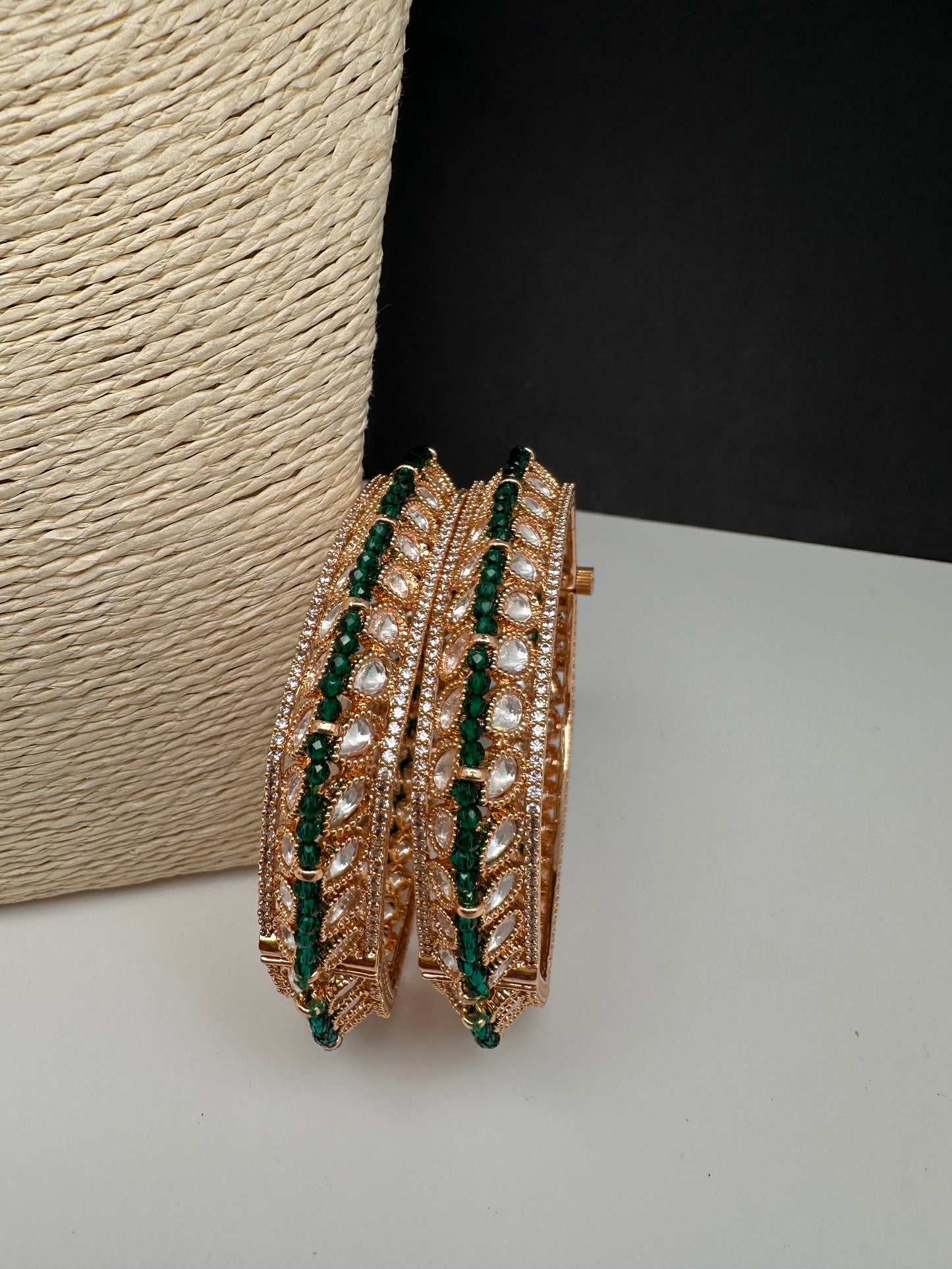 Kundan Green Beads Openable  Square Kada Bangles