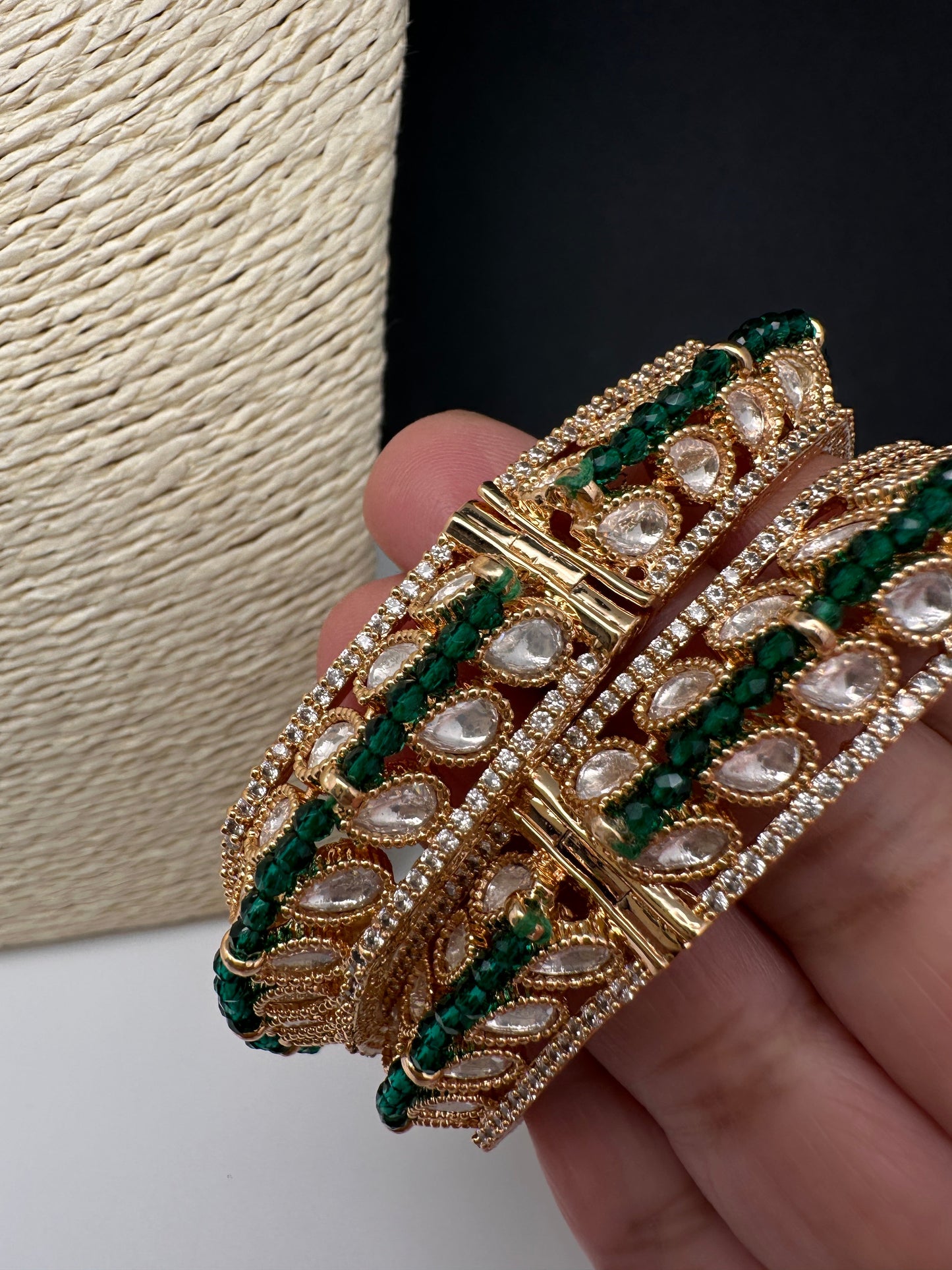 Kundan Green Beads Openable  Square Kada Bangles