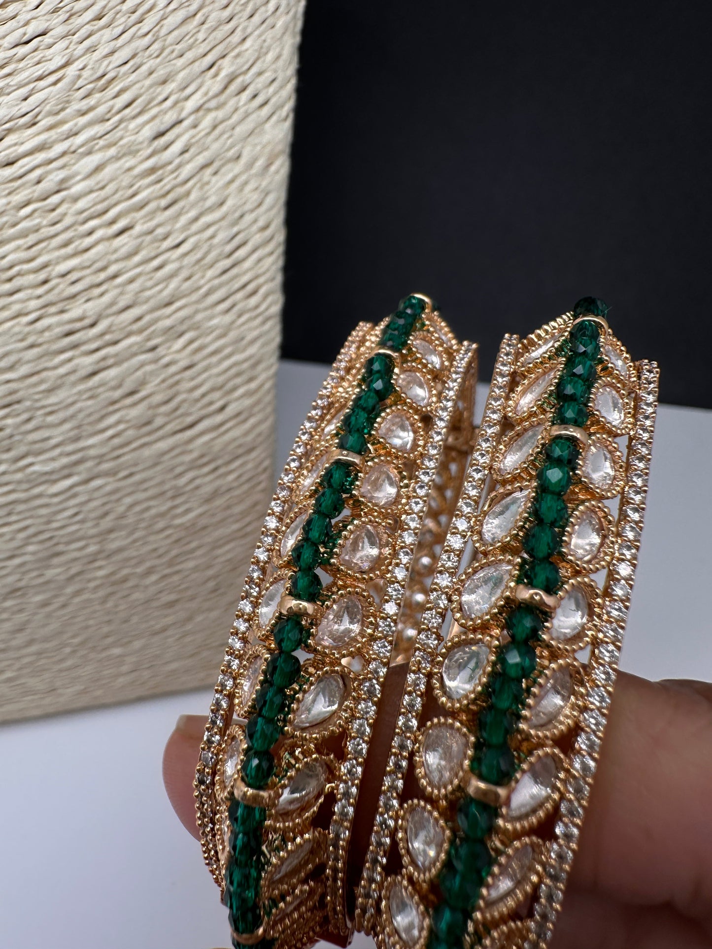 Kundan Green Beads Openable  Square Kada Bangles