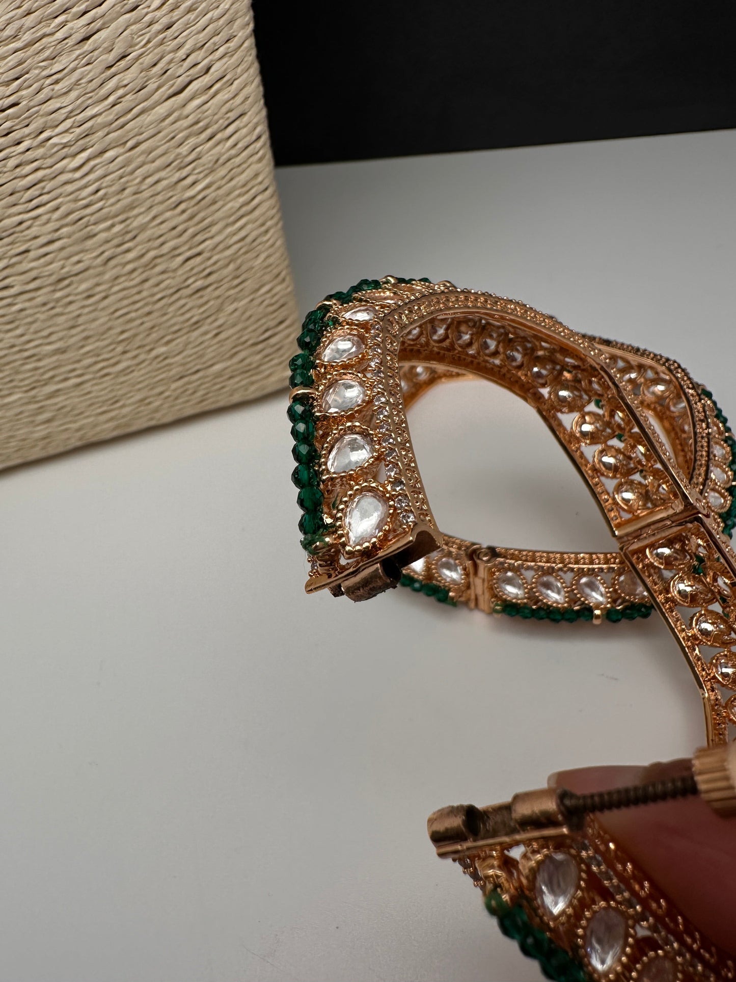 Kundan Green Beads Openable  Square Kada Bangles