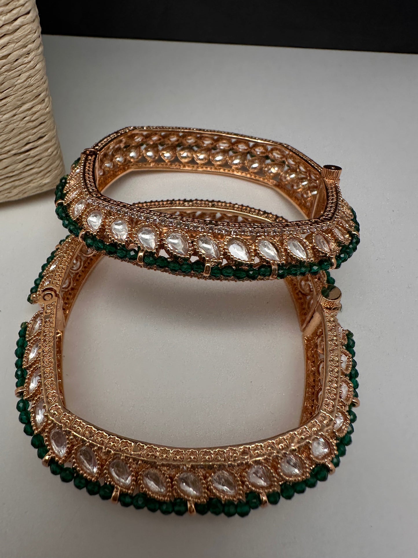 Kundan Green Beads Openable  Square Kada Bangles