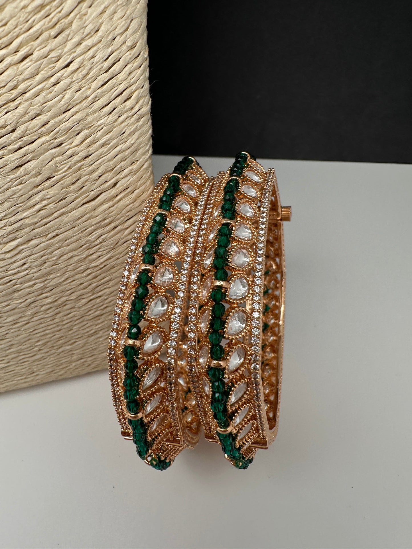 Kundan Green Beads Openable  Square Kada Bangles