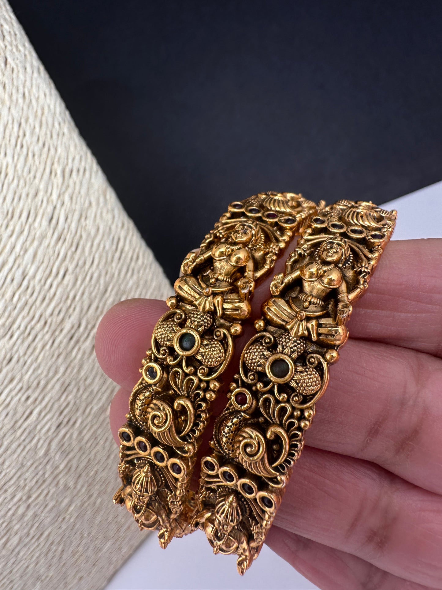 Matte Antique Nakshi Goddess Lakshmi Peacock Bangles