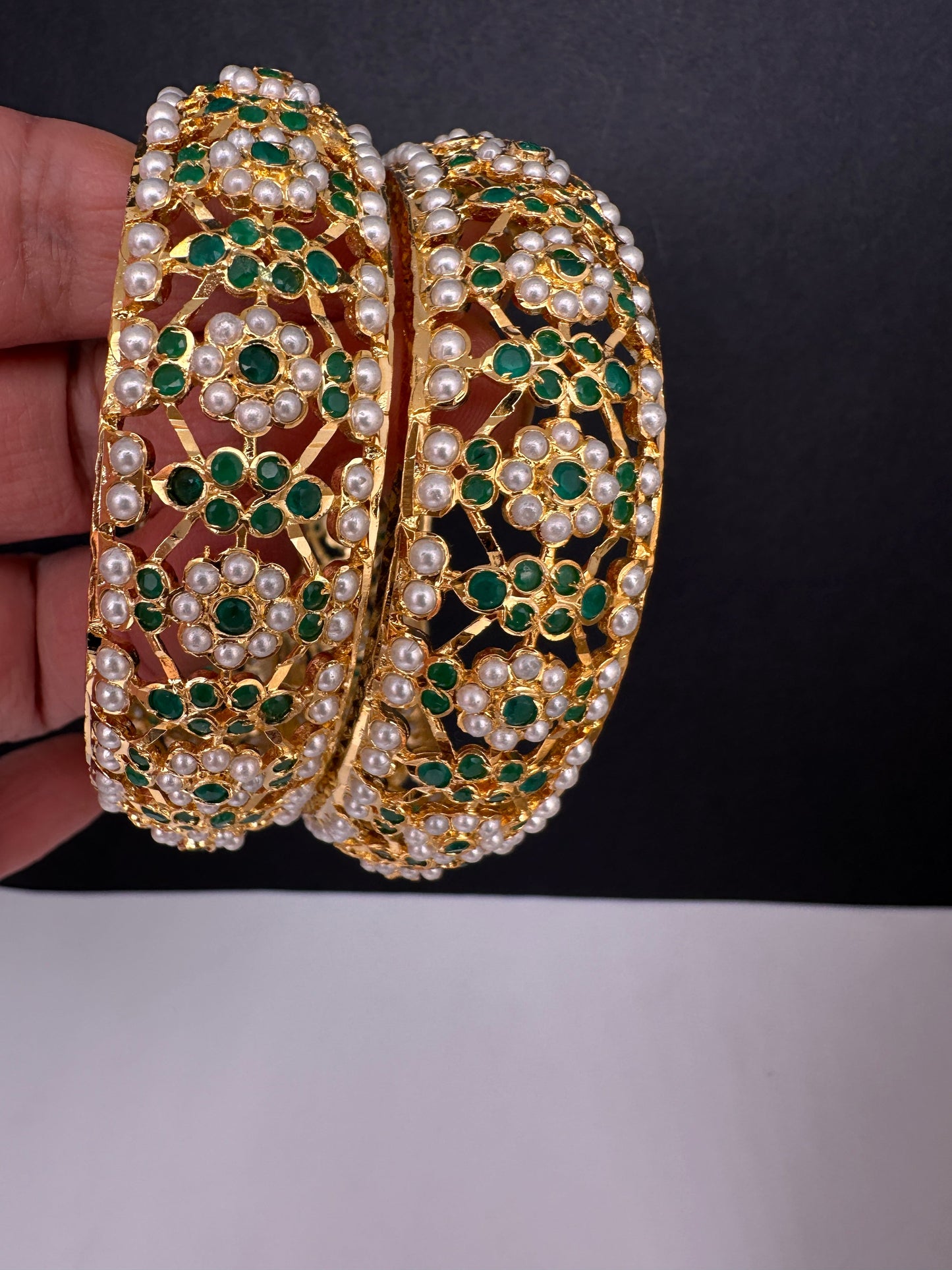 Hyderabadi Jadau Green Pearls Bangles