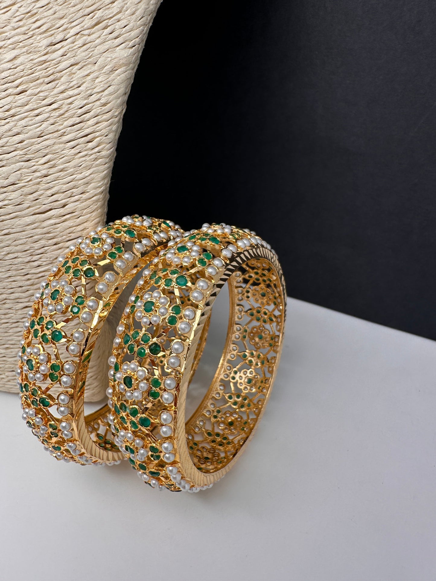 Hyderabadi Jadau Green Pearls Bangles