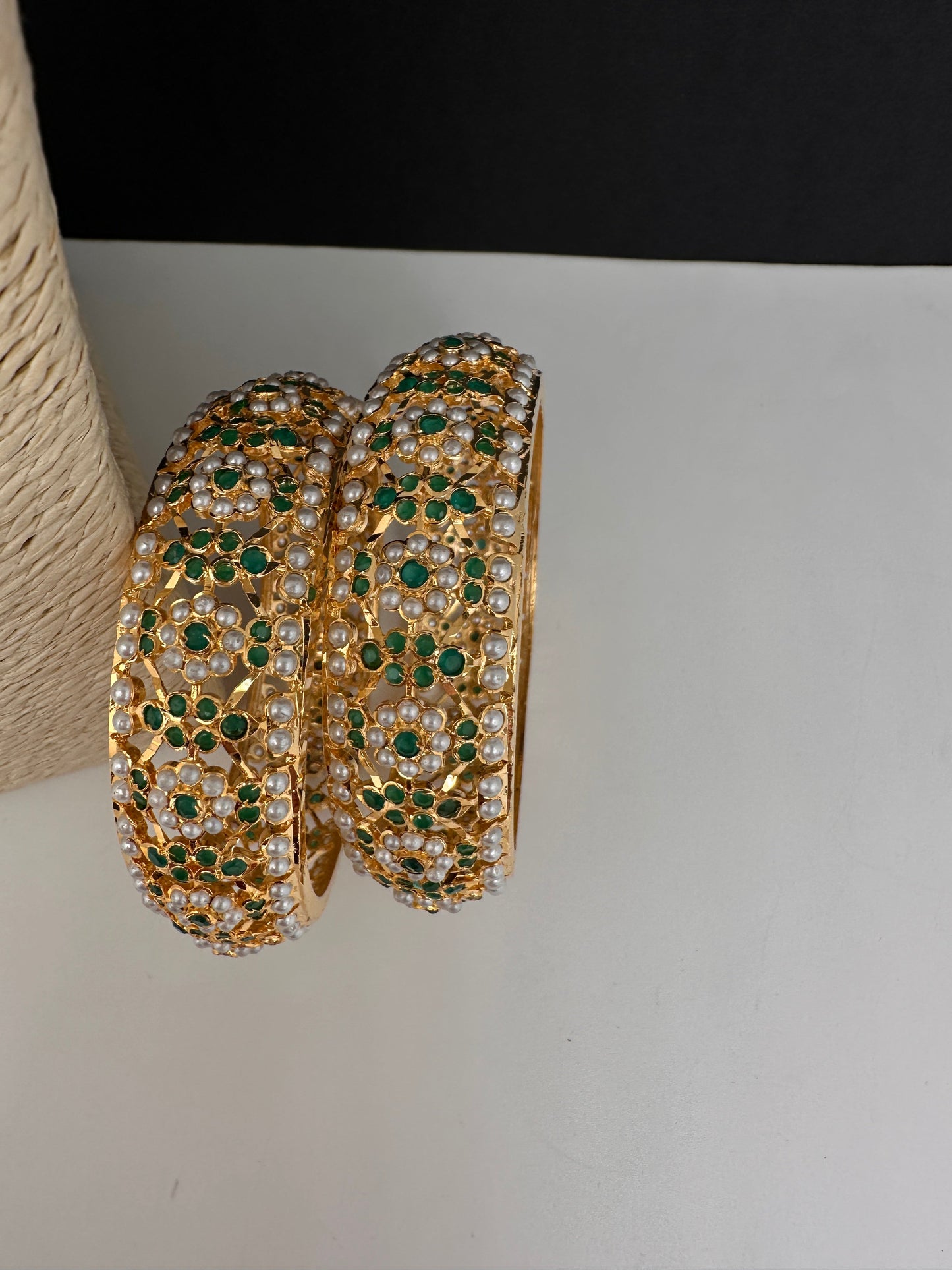 Hyderabadi Jadau Green Pearls Bangles