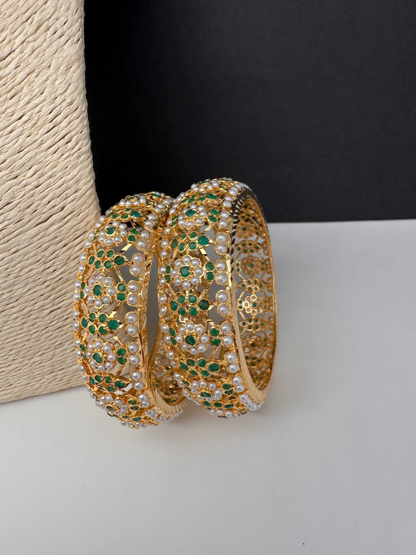 Hyderabadi Jadau Green Pearls Bangles